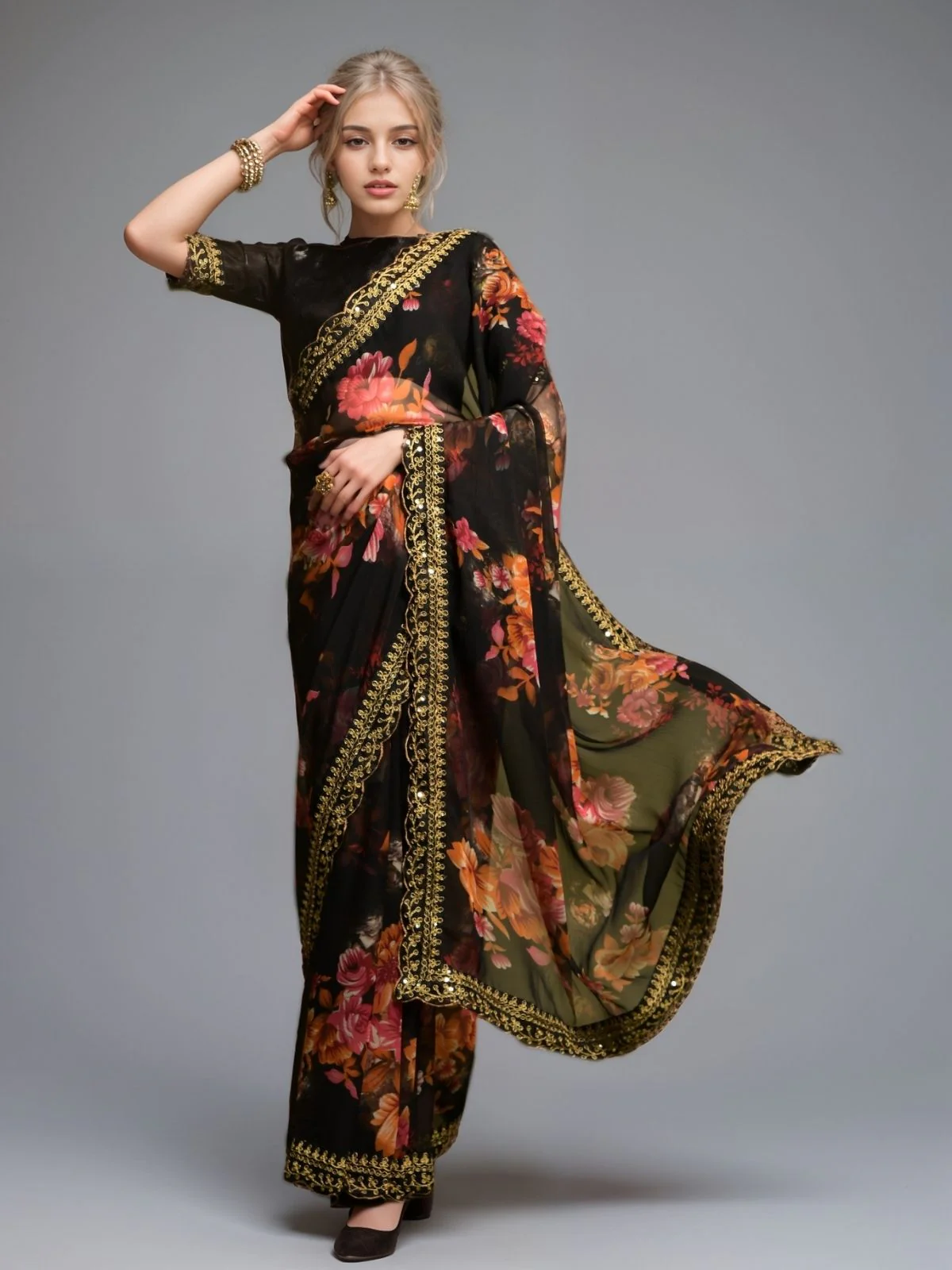 Odette Black Georgette Printed Saree For Women