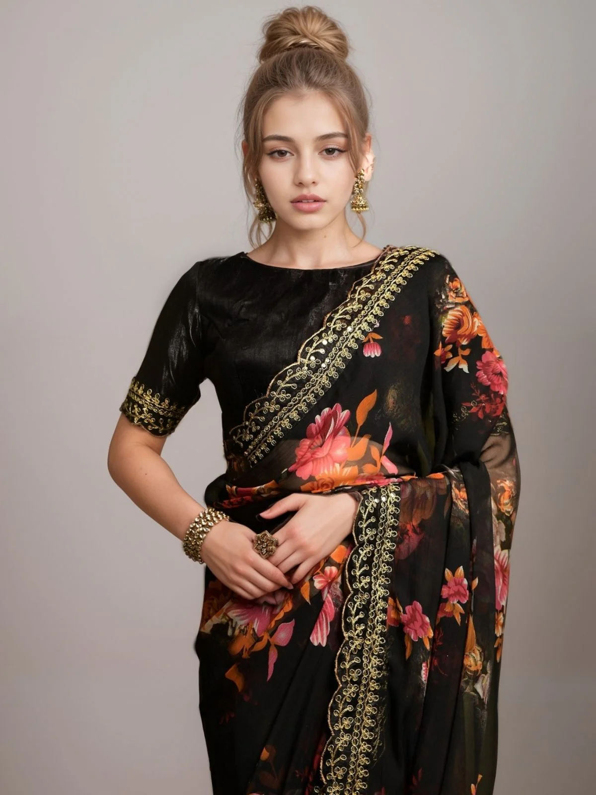 Odette Black Georgette Printed Saree For Women - Image 2
