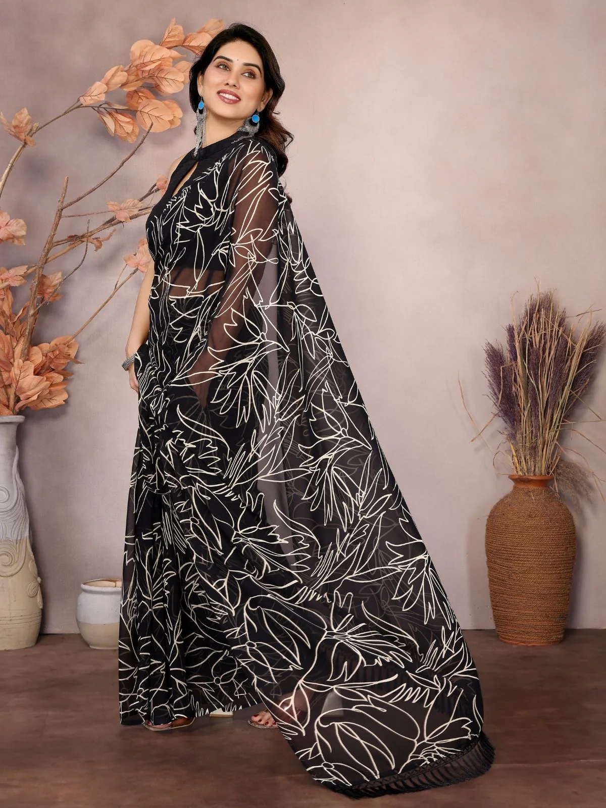 Odette Black Georgette Printed Saree With Unstitched Blouse For Women - Image 2