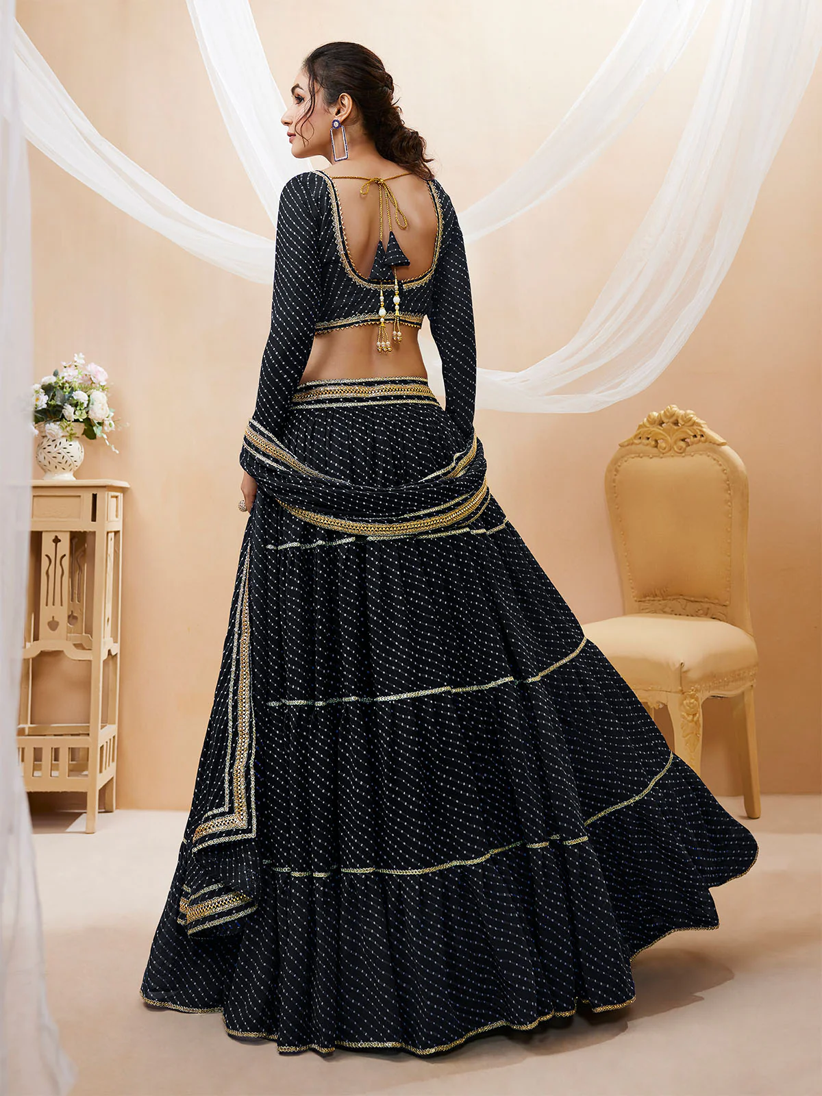 Odette Black Georgette Printed Semi Stitched Lehenga With Unstitched Blouse For Women - Image 3