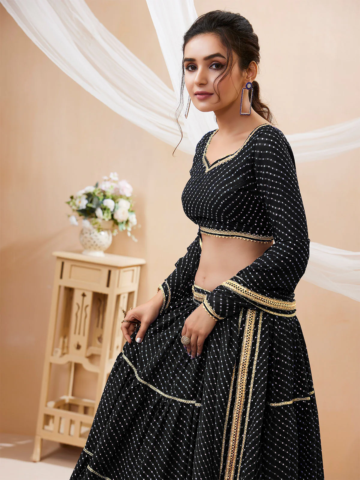 Odette Black Georgette Printed Semi Stitched Lehenga With Unstitched Blouse For Women - Image 4