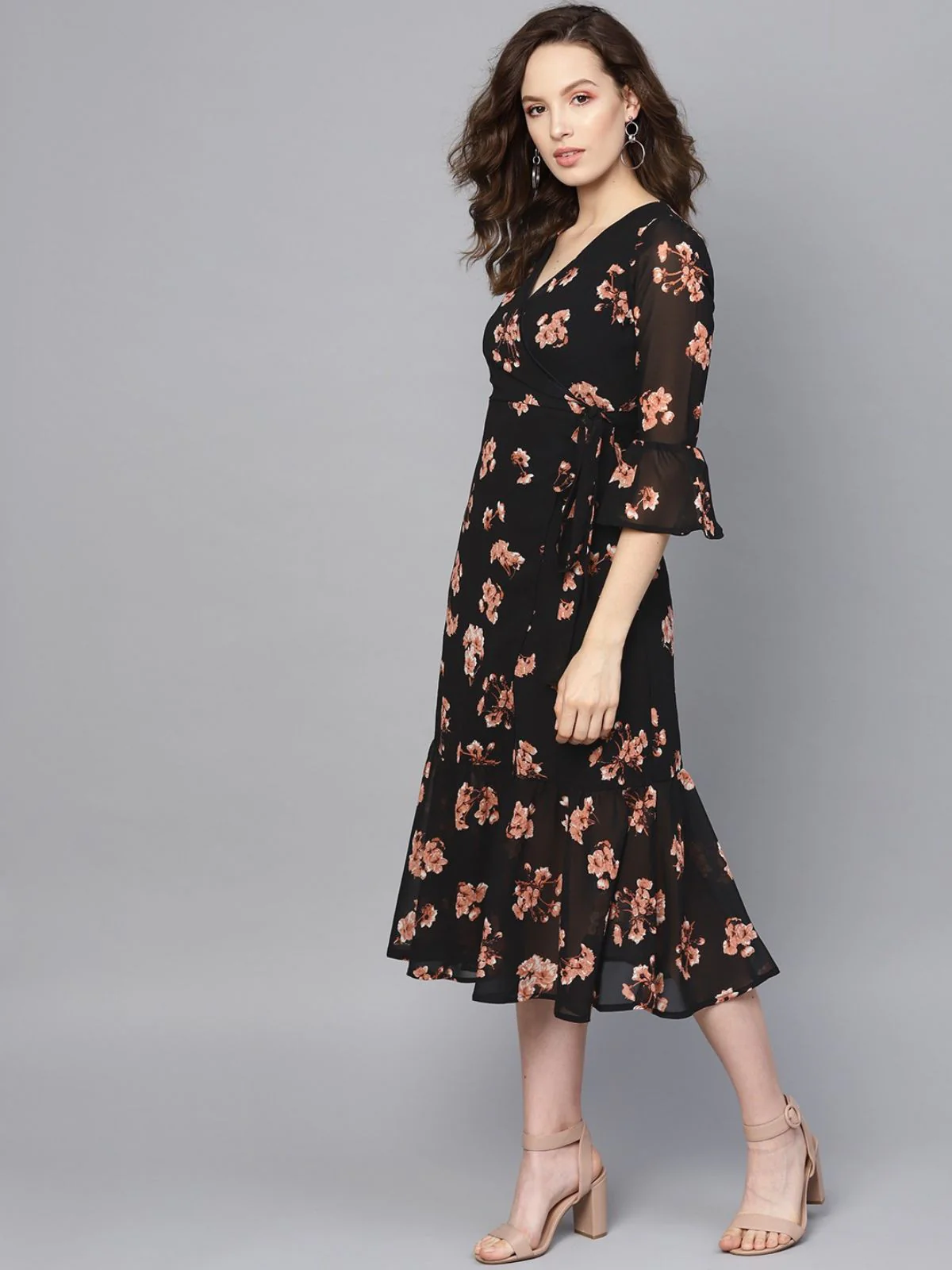 Odette Black Georgette Printed Stitched Dress For Women - Image 3