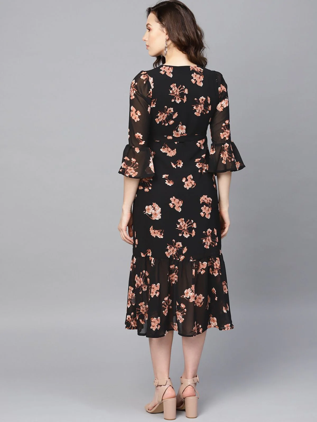 Odette Black Georgette Printed Stitched Dress For Women - Image 4