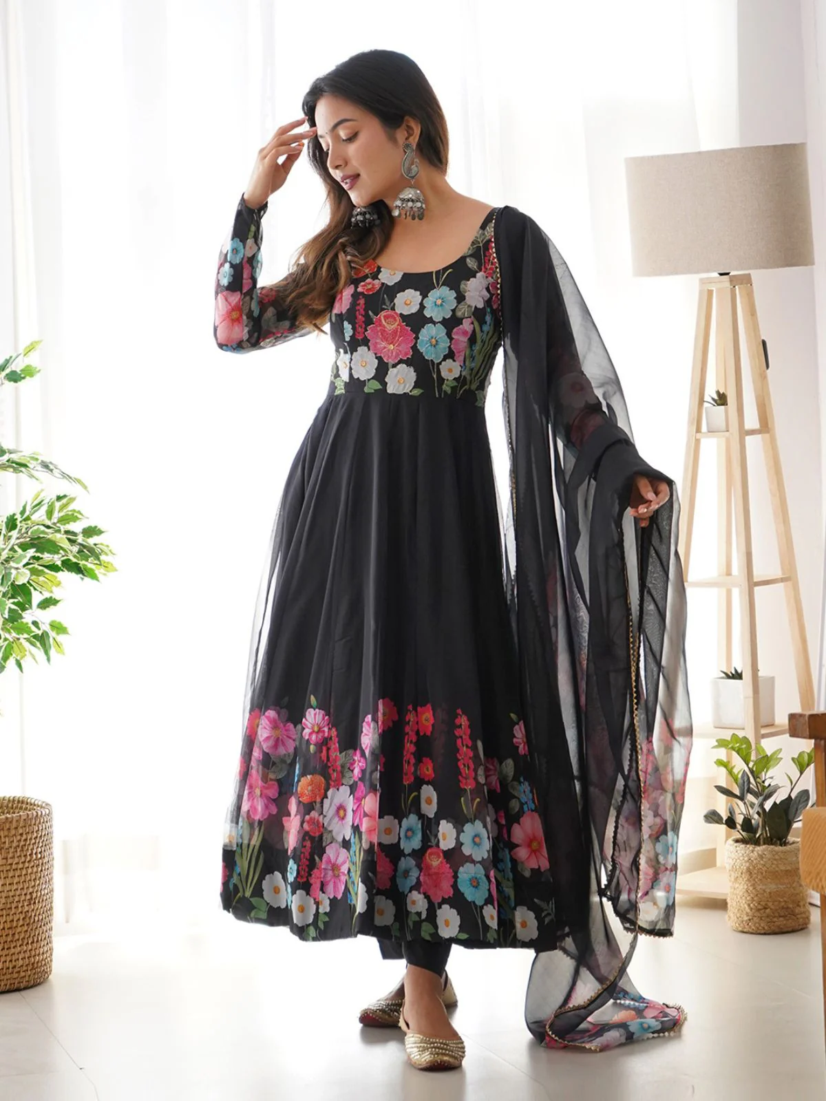 Odette Black Georgette Printed Stitched Kurta Set For Women