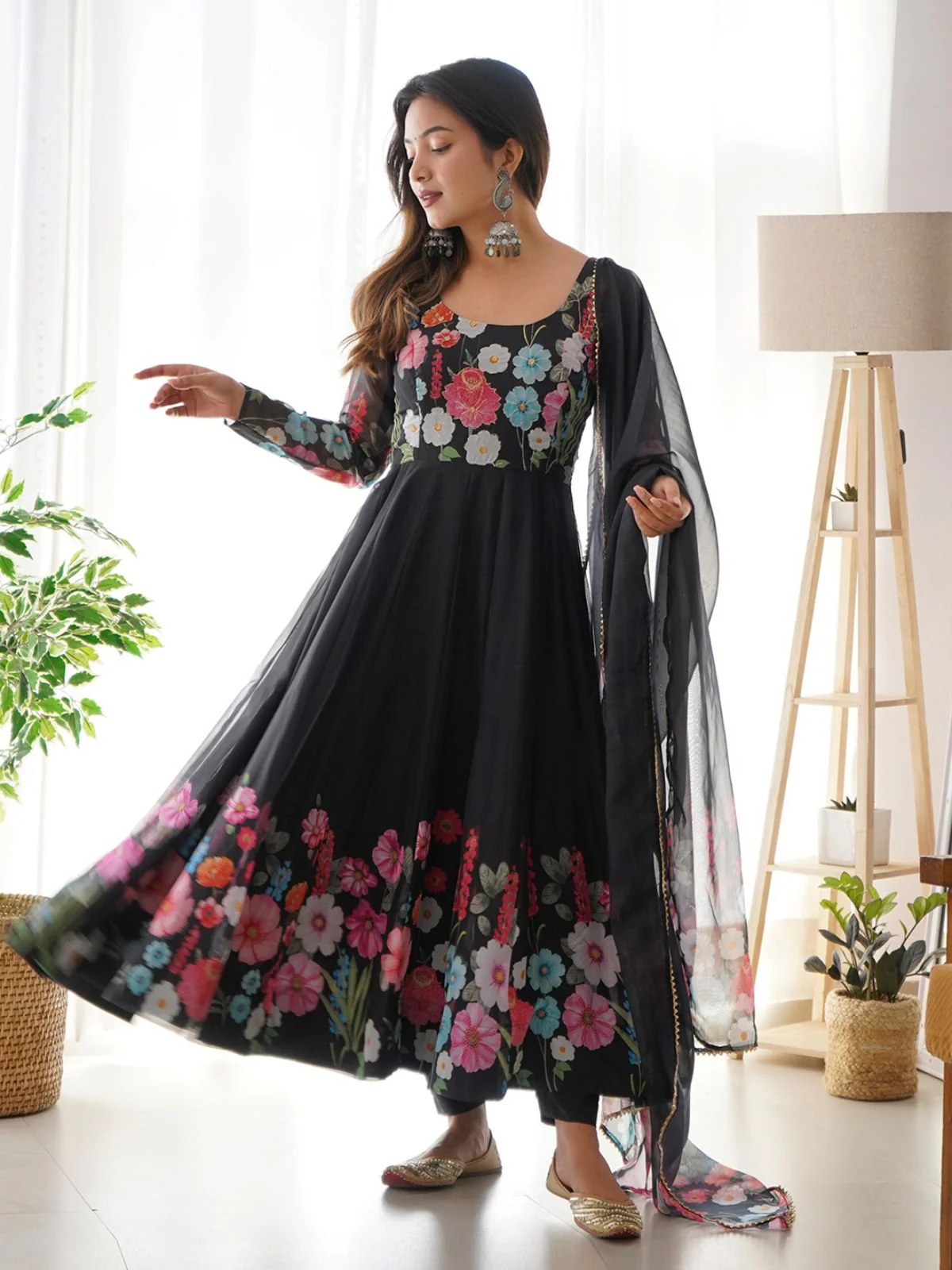 Odette Black Georgette Printed Stitched Kurta Set For Women - Image 2