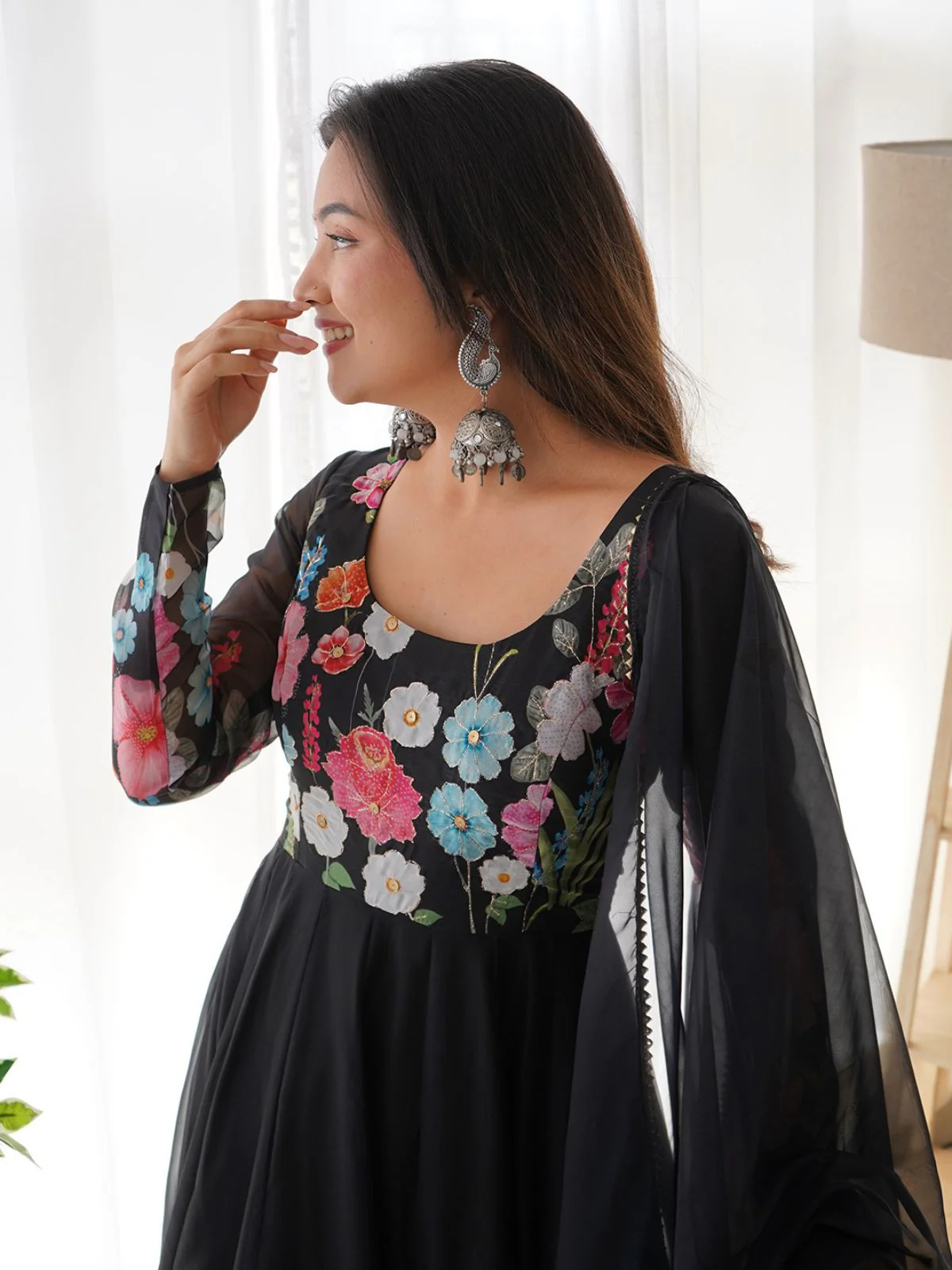 Odette Black Georgette Printed Stitched Kurta Set For Women - Image 3