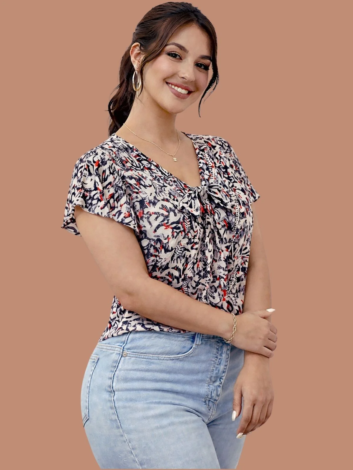Odette Black Georgette Printed Top For Women - Image 2