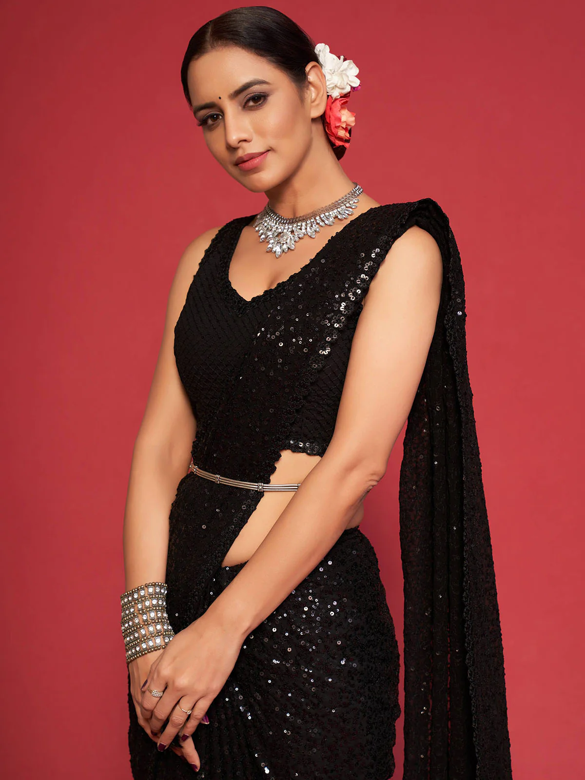 Odette Black Georgette Sequin Saree With Unstitched Blouse For Women - Image 4