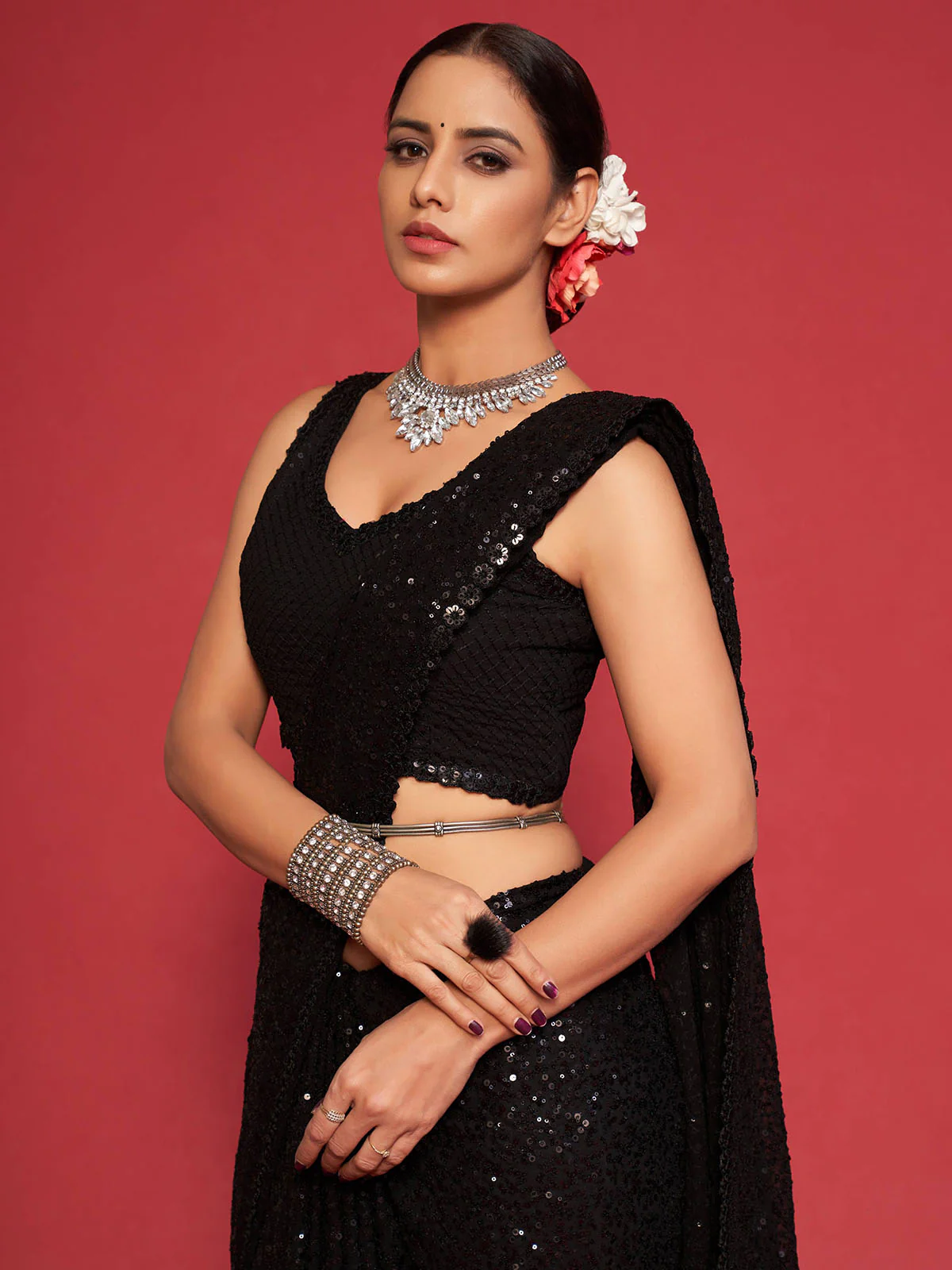 Odette Black Georgette Sequin Saree With Unstitched Blouse For Women - Image 5