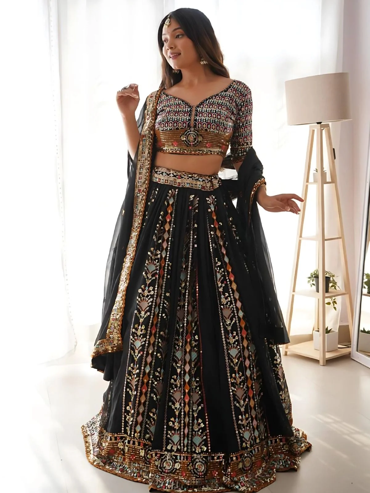 Odette Black Georgette Sequins Embroidered Semi-Stitched Lehenga For Women - Image 2