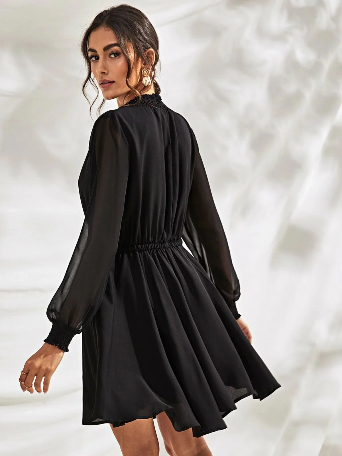 Odette Black Georgette Solid Dress For Women - Image 4