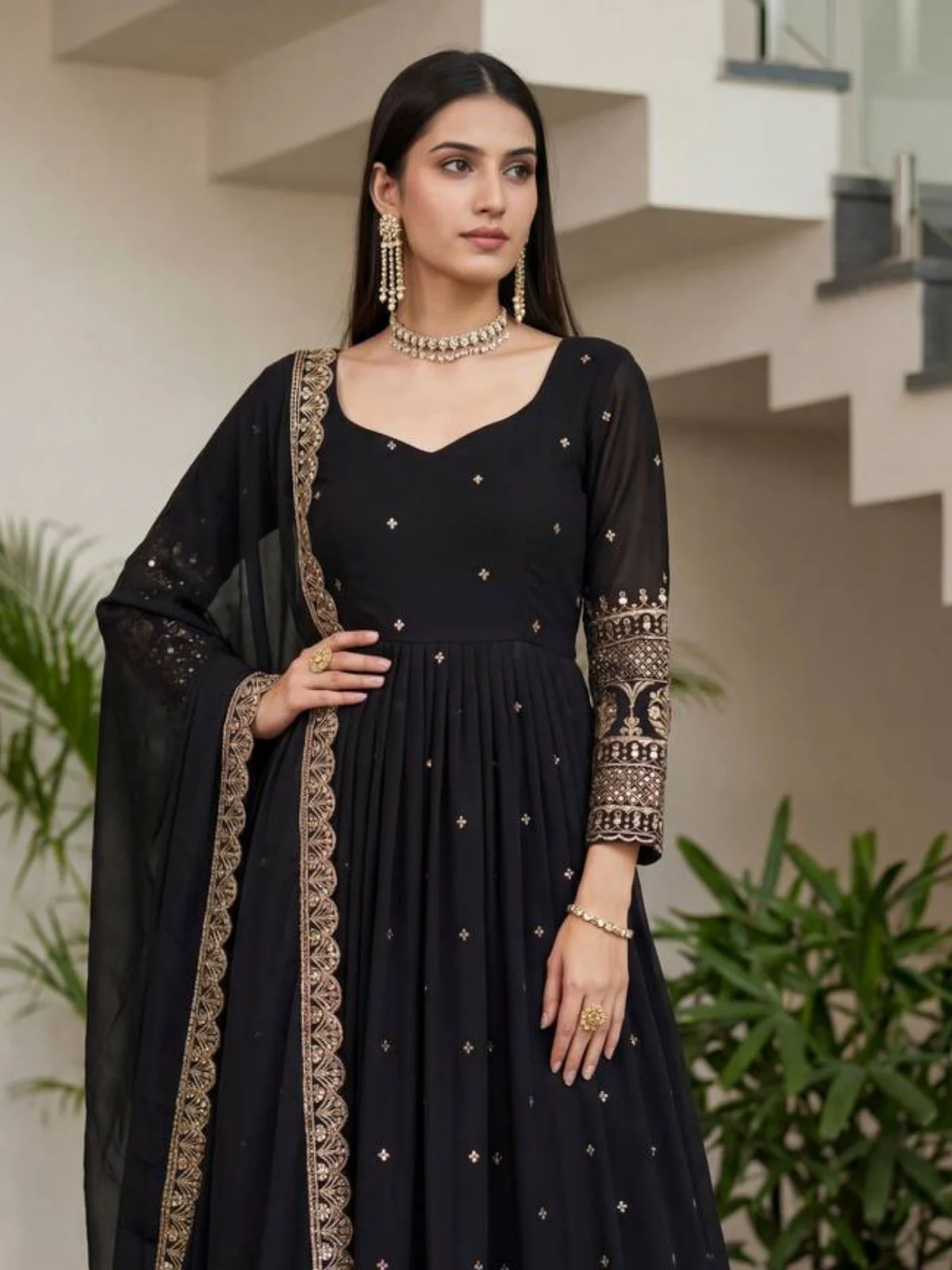 Odette Black Georgette Solid Stitched Kurta Set For Women - Image 4