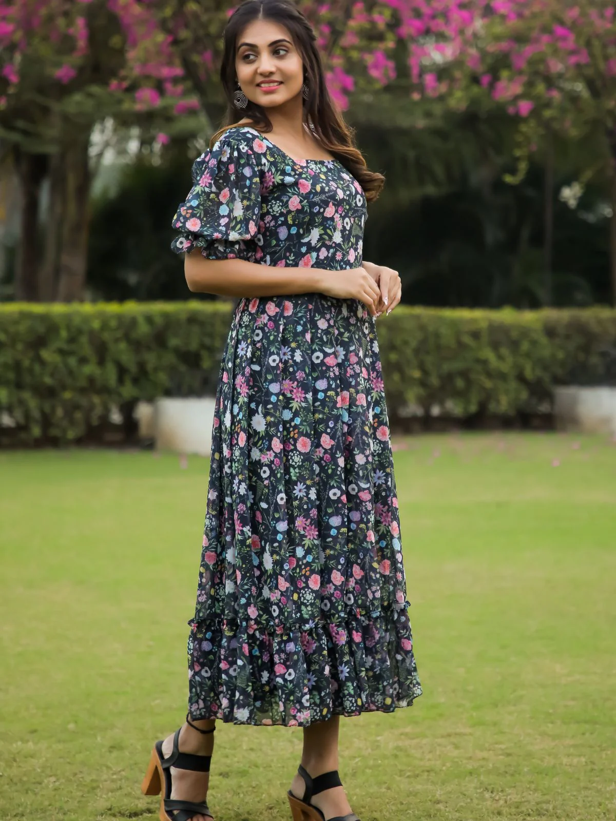 Odette Black Georgette Stitched Floral Printed Indo Western Dress For Women - Image 3