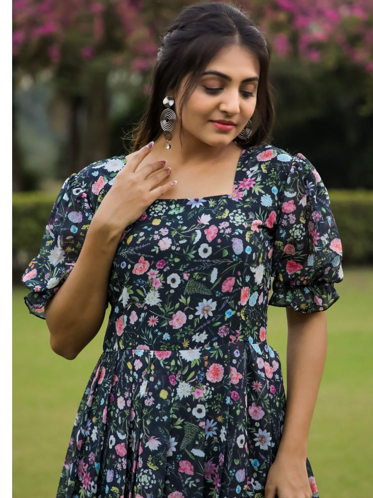 Odette Black Georgette Stitched Floral Printed Indo Western Dress For Women - Image 5