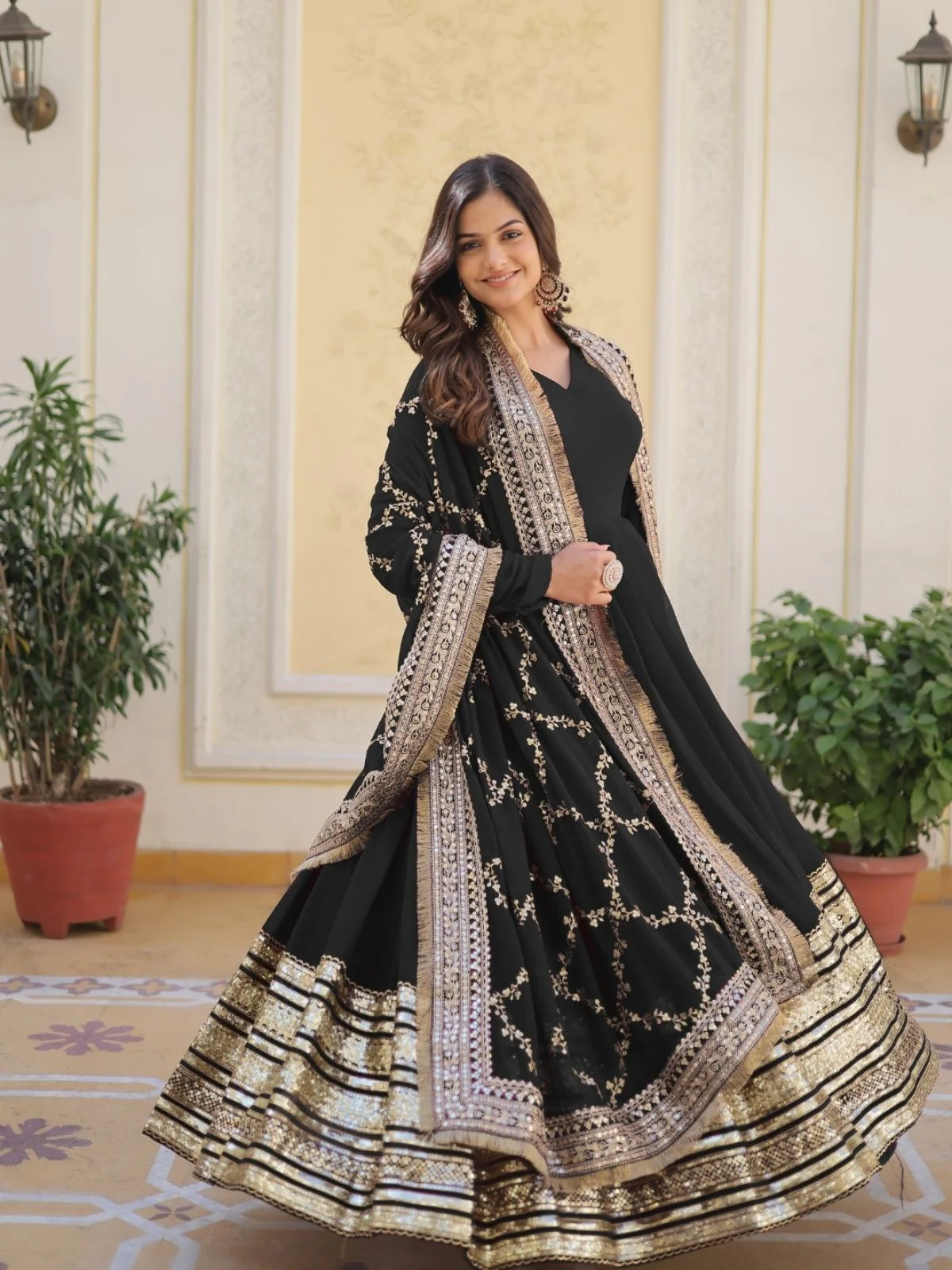 Odette Black Georgette Stitched Gown With Dupatta For Women - Image 3