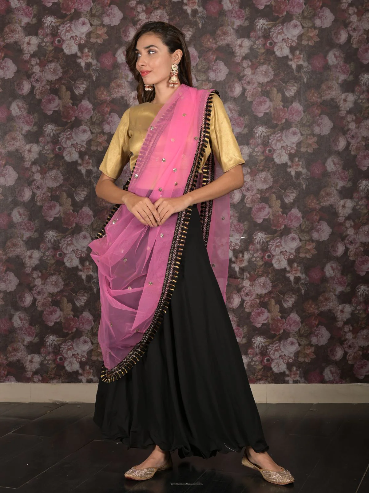 Odette Black Georgette Stitched Lehenga with Embroidered Unstitched Blouse for Women - Image 2