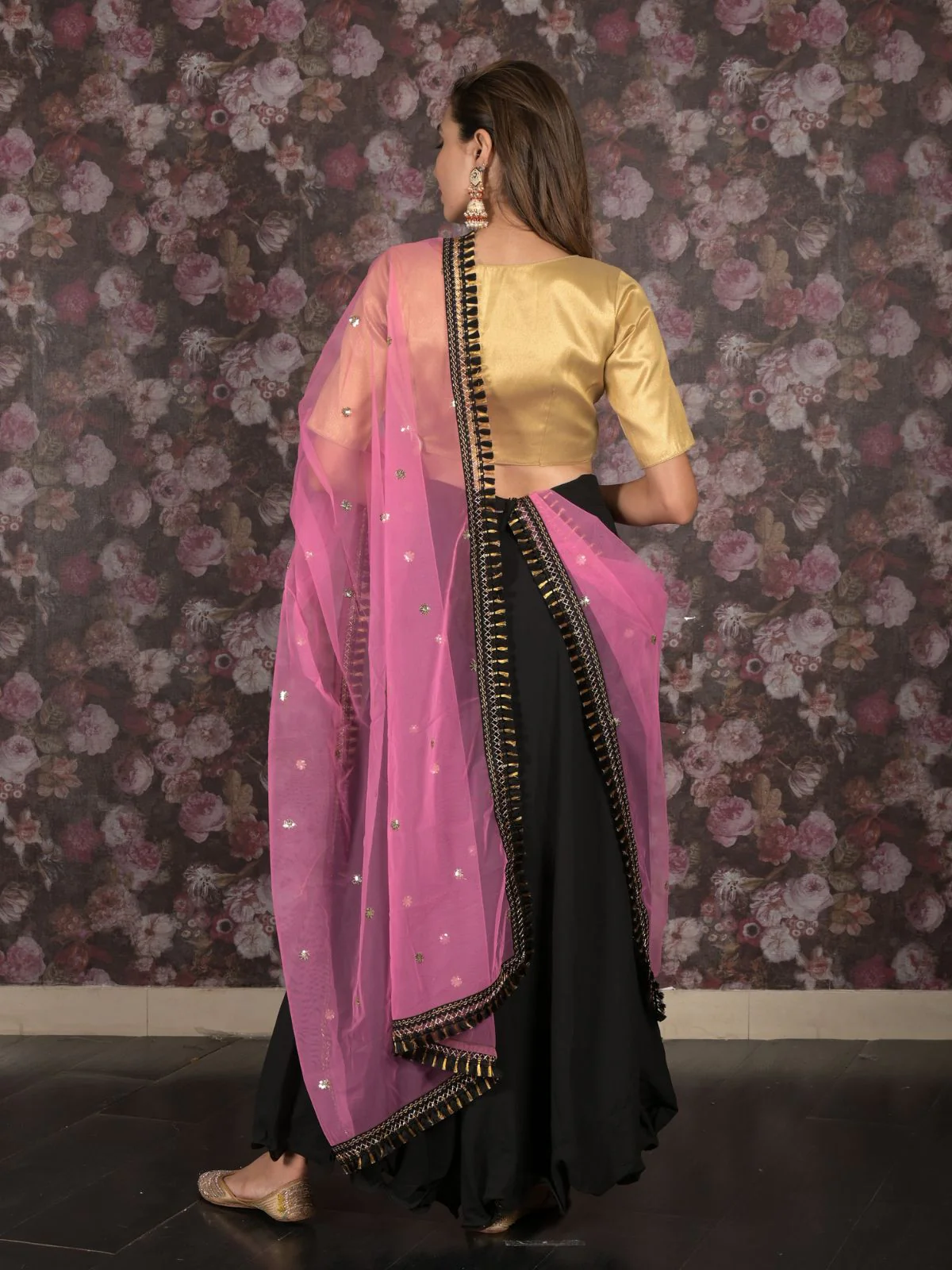 Odette Black Georgette Stitched Lehenga with Embroidered Unstitched Blouse for Women - Image 4