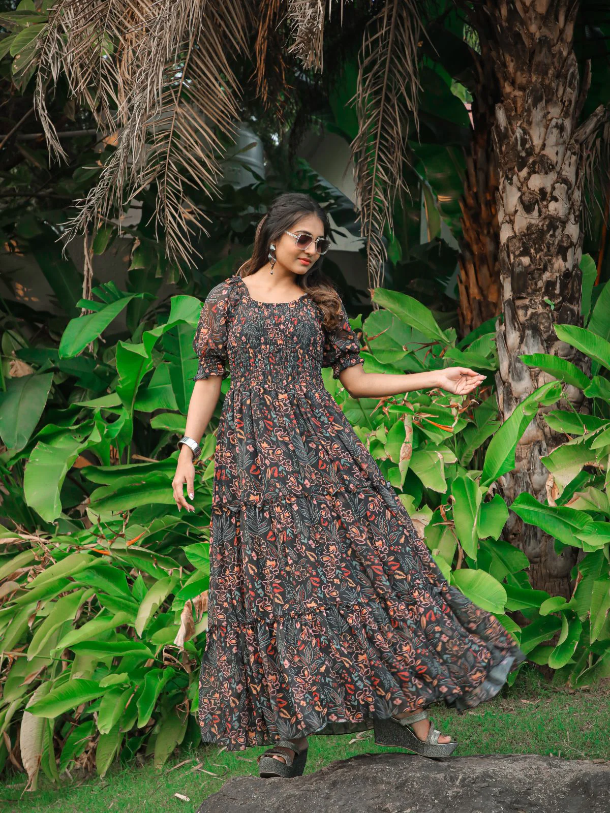 Odette Black Georgette Stitched Printed Indo Western Dress For Women - Image 3