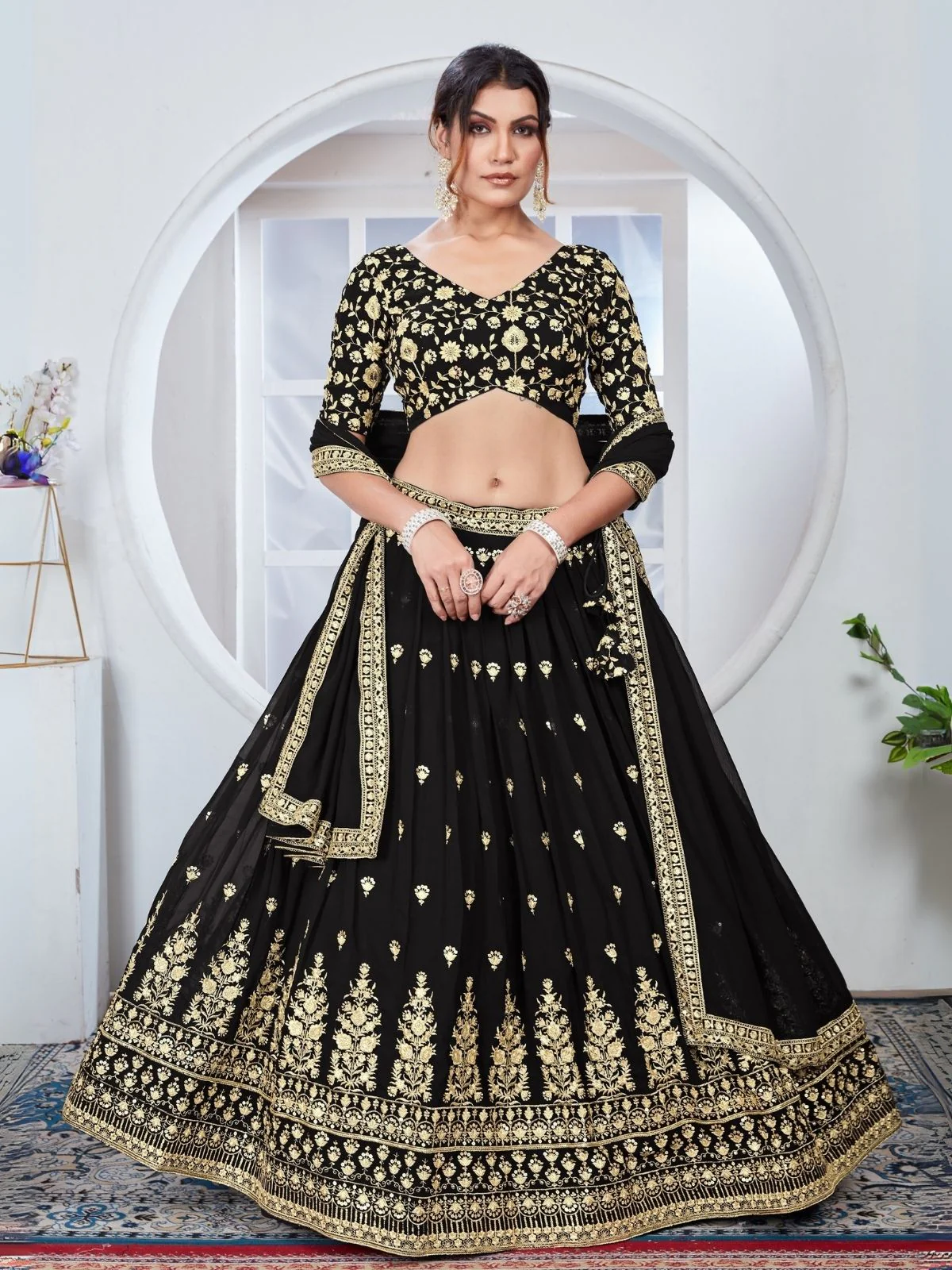 Odette Black Georgette Thread & Sequins Embroidered Semi-Stitched Lehenga For Women