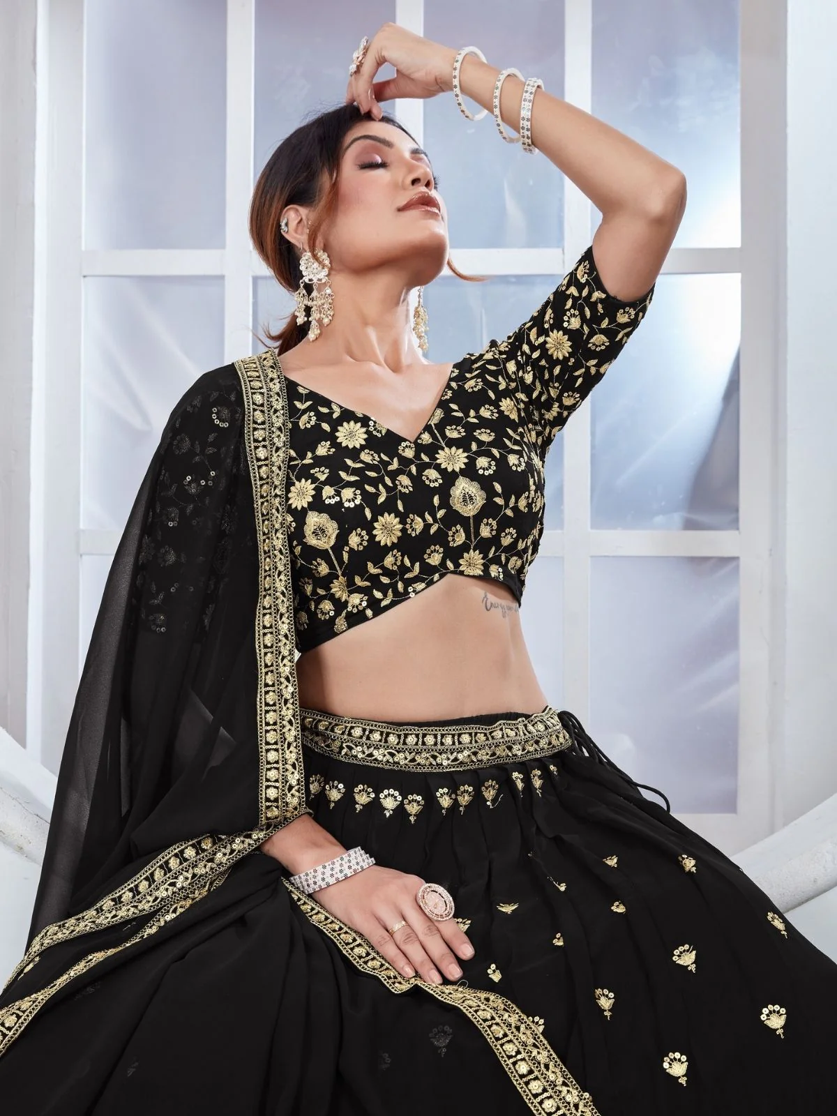 Odette Black Georgette Thread & Sequins Embroidered Semi-Stitched Lehenga For Women - Image 6