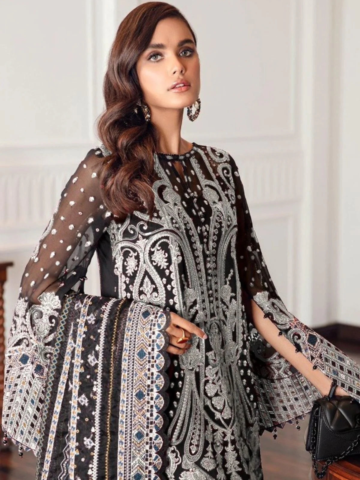Odette Black Georgette White Embroidered Semi-Stitched Kurta Set For Women - Image 2