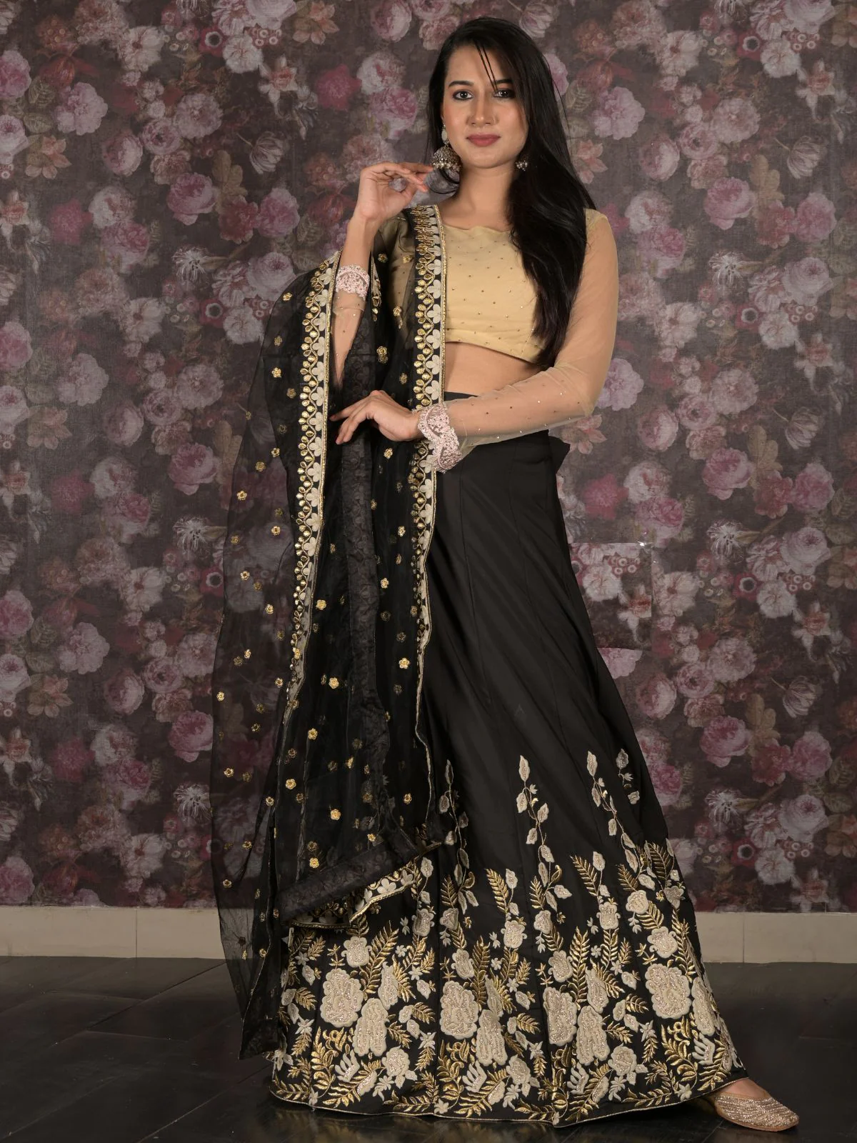 Odette Black Gold Thread Embroidered Semi-Stitched Polyester Lehenga with Unstitched Blouse for Women - Image 2