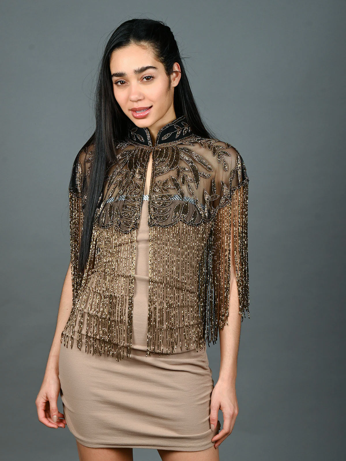 Odette Black & Golden Net Embellished Cape For Women - Image 2
