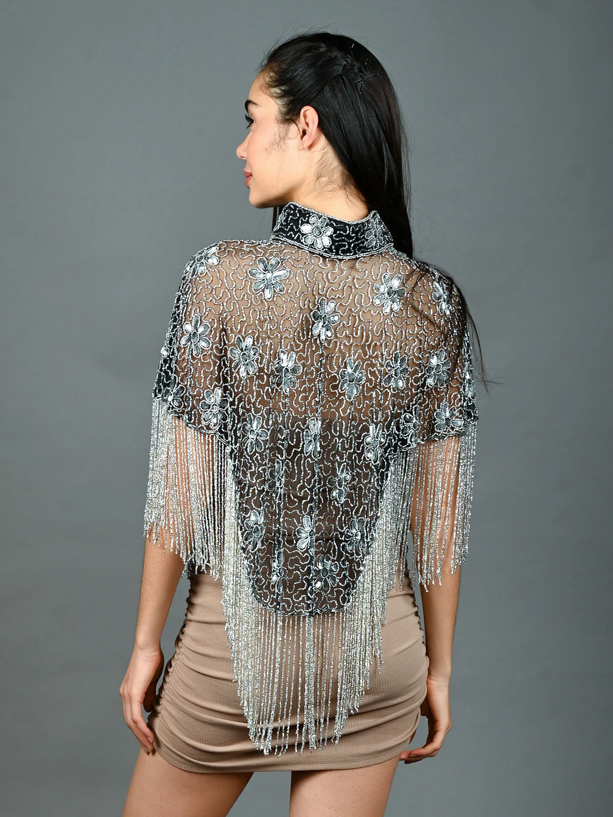 Odette Black & Grey Net Embellished Cape For Women - Image 4