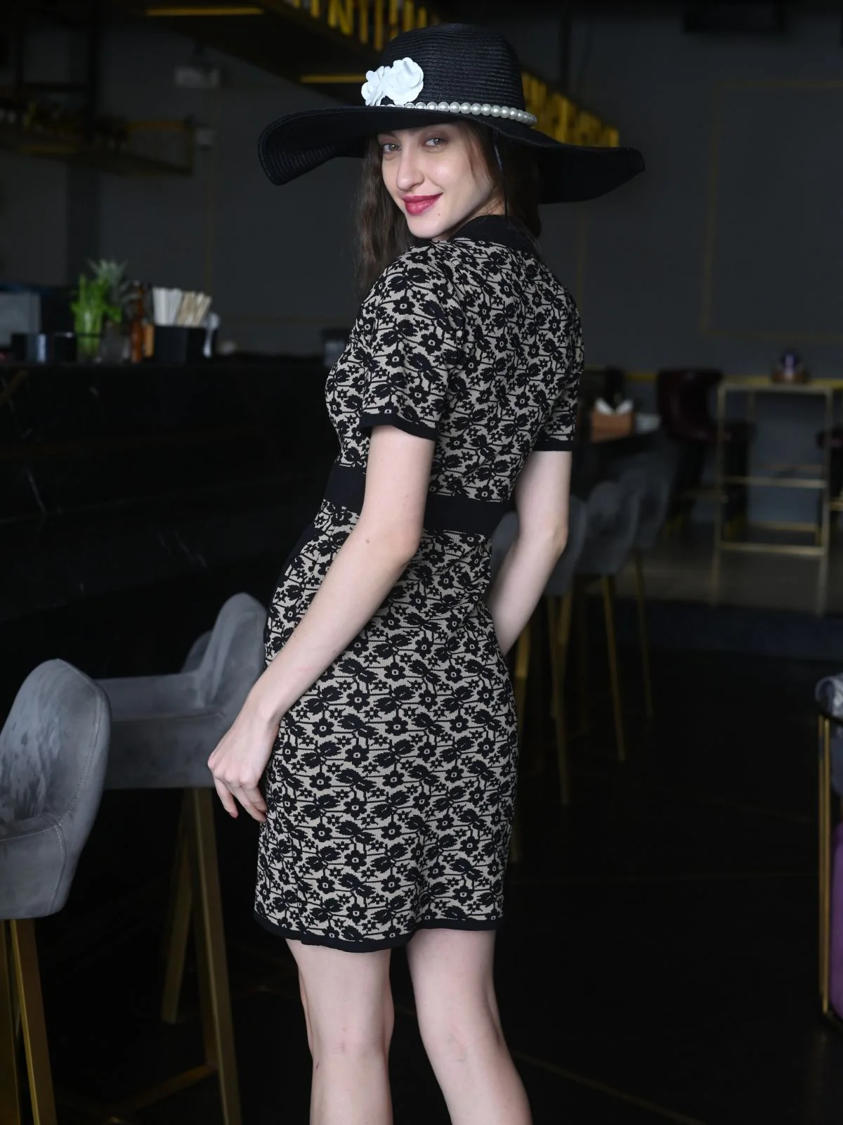Odette Black Jacquard Rib Self Design Dress For Women - Image 3