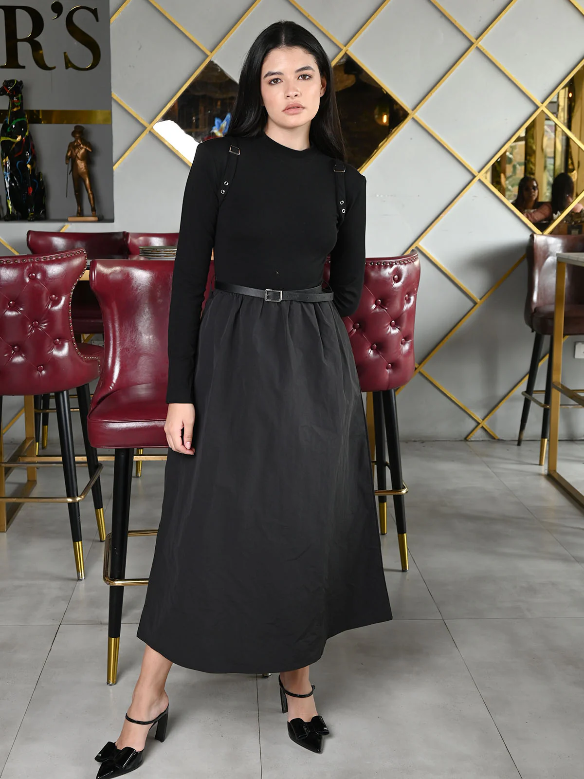 Odette Black Jersey And Poplin Solid Dress For Women - Image 2