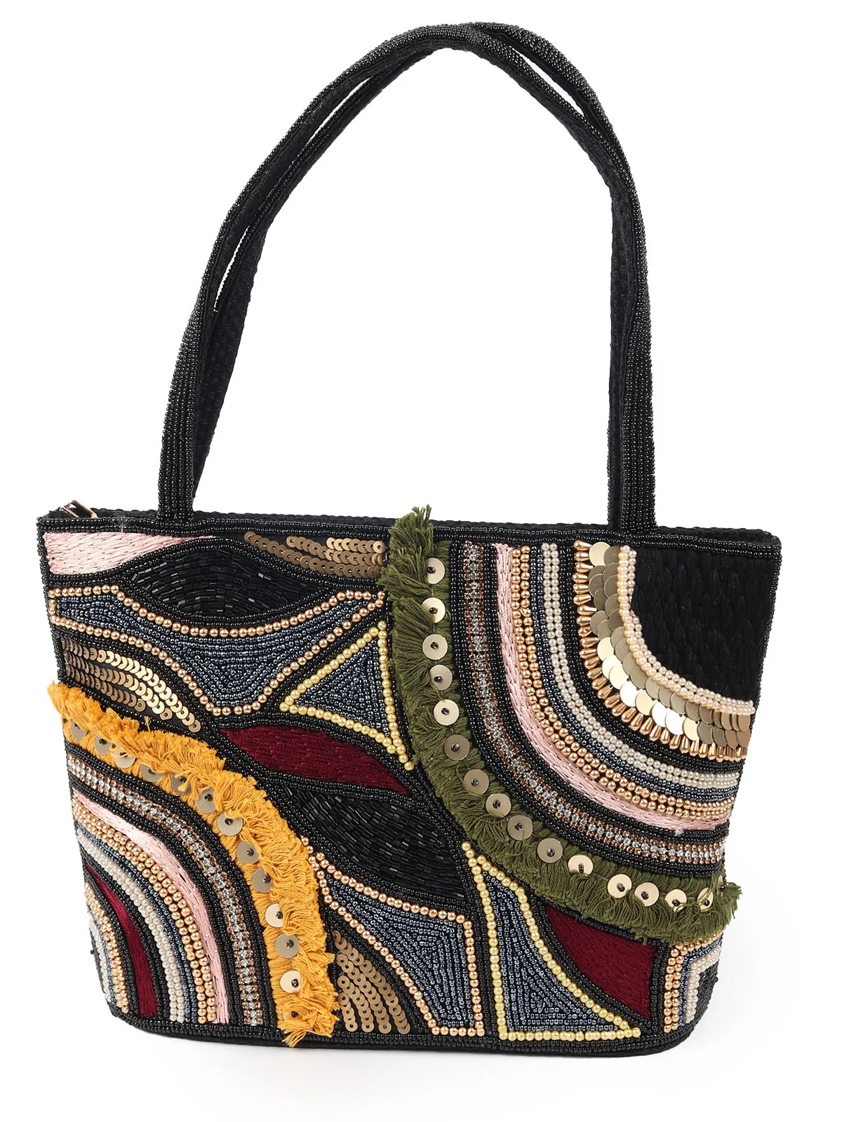 Odette Black Jute Comprehensive With Beads, Threads Hand Bag For Women - Image 3