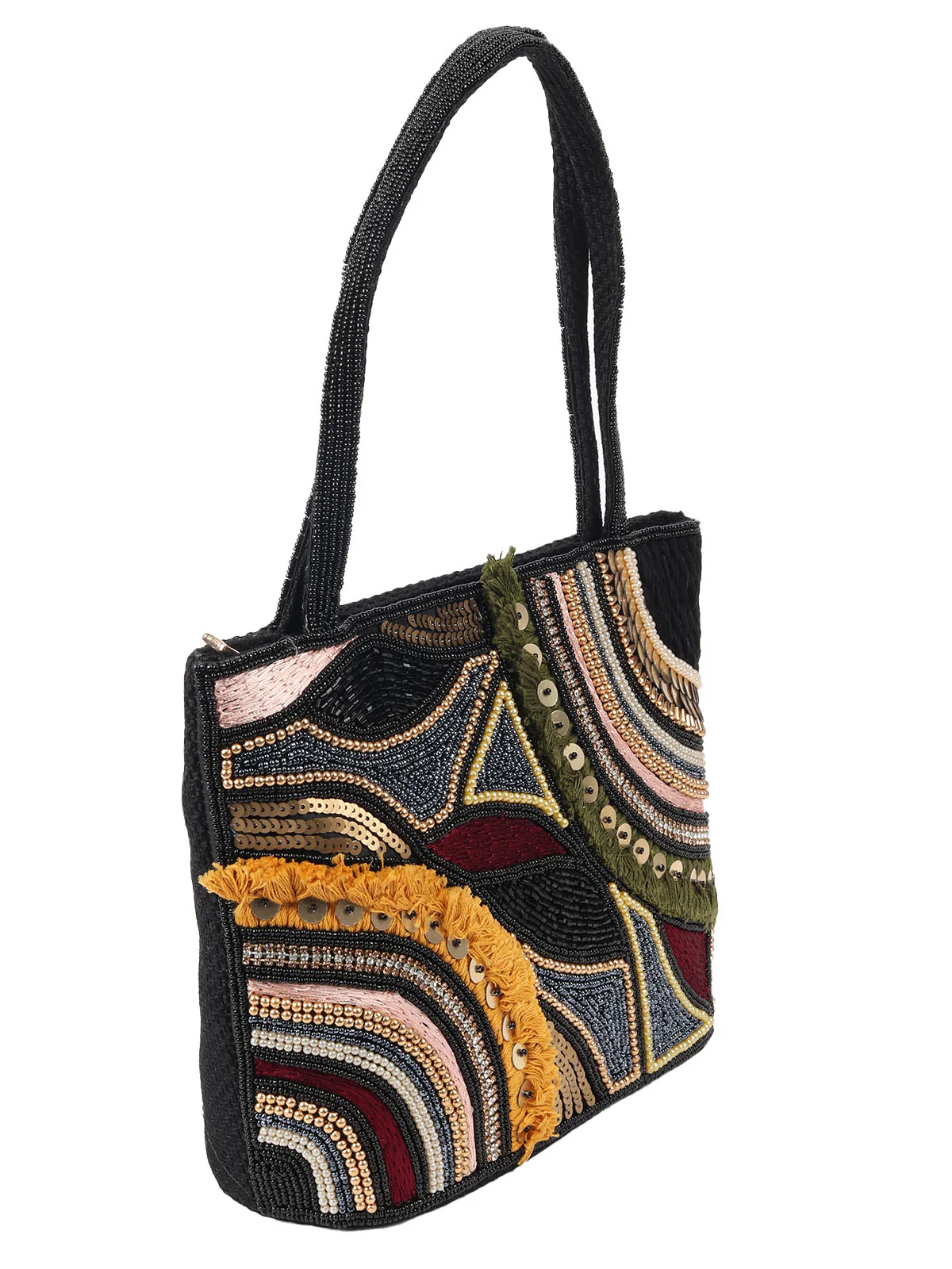 Odette Black Jute Comprehensive With Beads, Threads Hand Bag For Women - Image 4