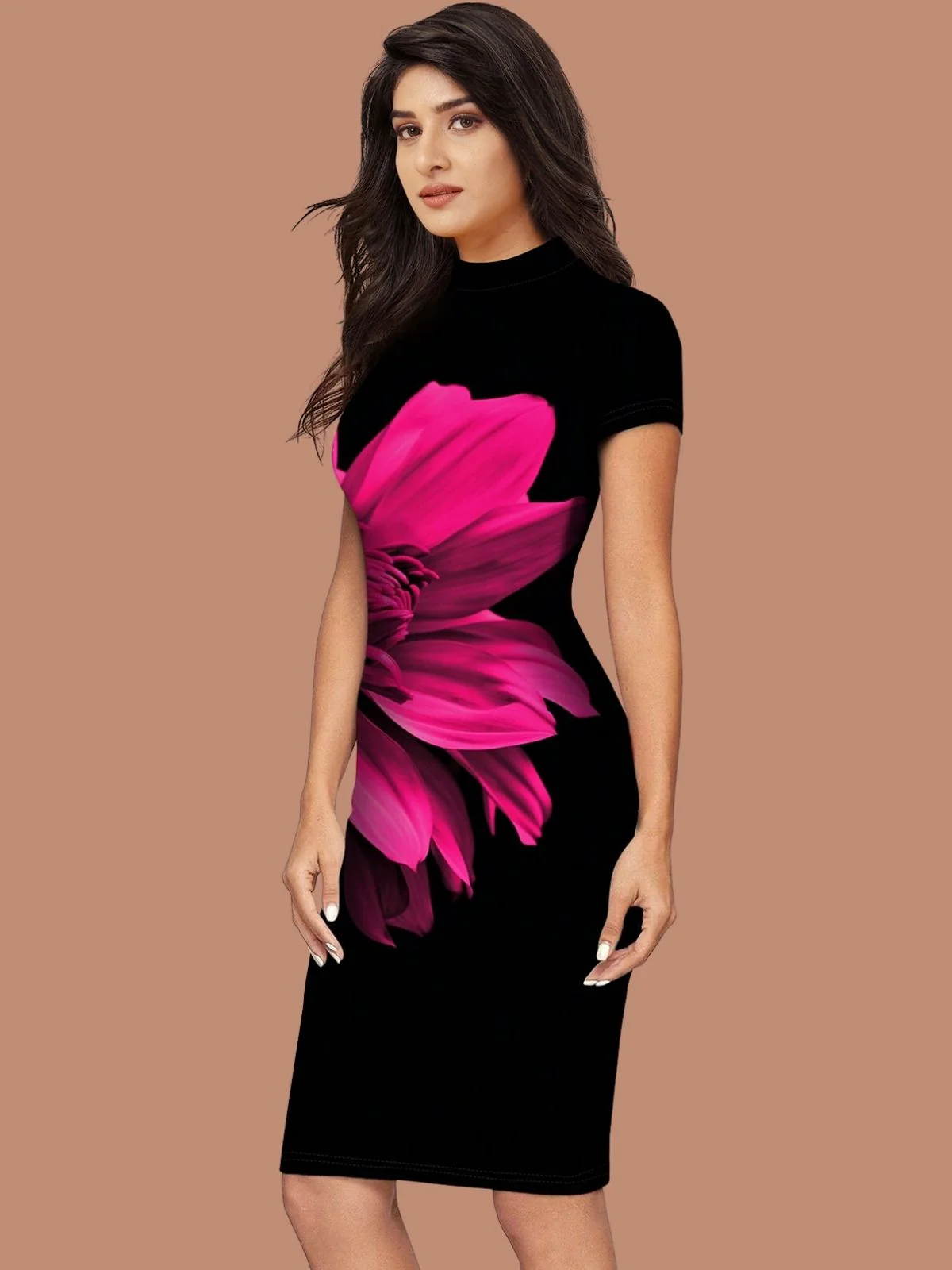 Odette Black Knitted Printed Dress For Women - Image 2