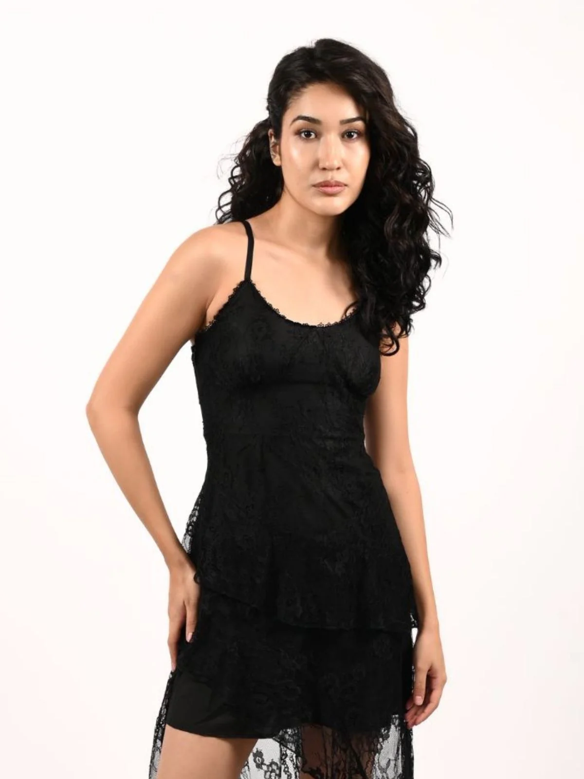 Odette Black Lace Net Ruffle Dress For Women - Image 5
