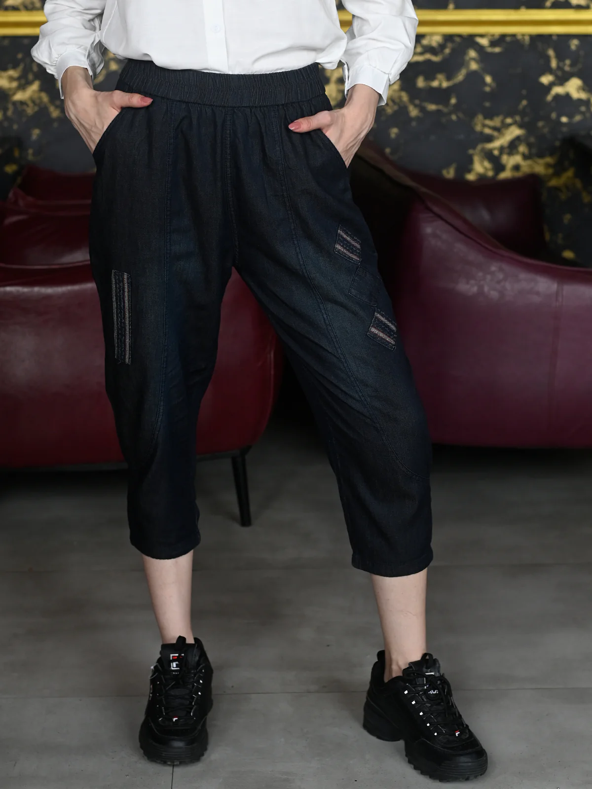 Odette Black Light Weight Washed Denim Solid Pant for Women - Image 2