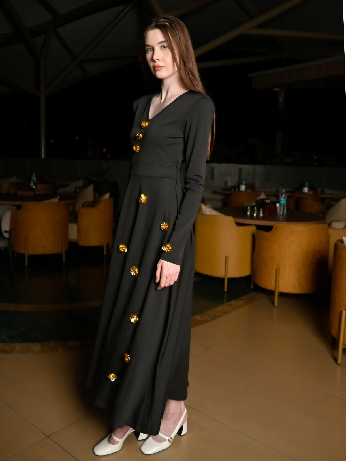 Odette Black Lycra Embellished Dress For Women - Image 3