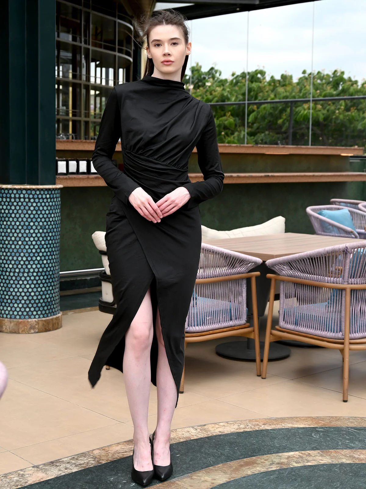 Odette Black Lycra Solid Dress For Women - Image 2