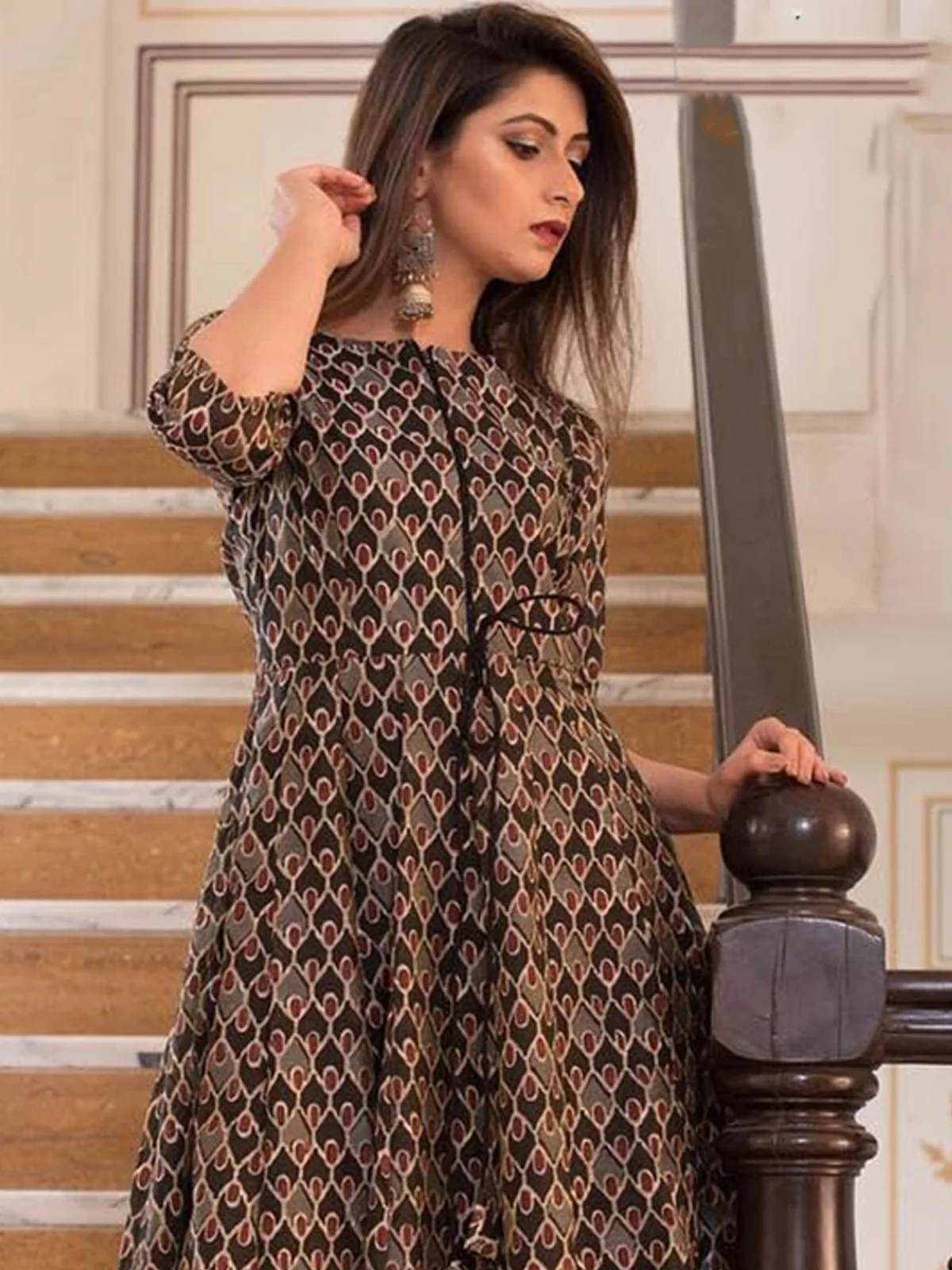 Odette Black Muslin Printed Stitched Gown for Women - Image 3