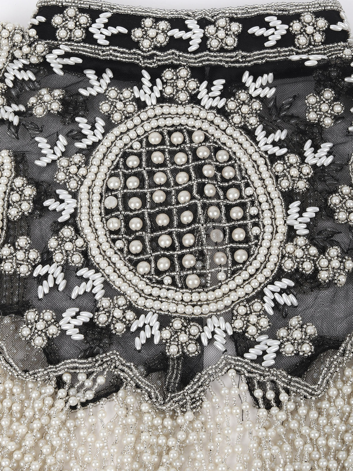 Odette Black Net Beads Embellished Tasseled Cape For Women - Image 4