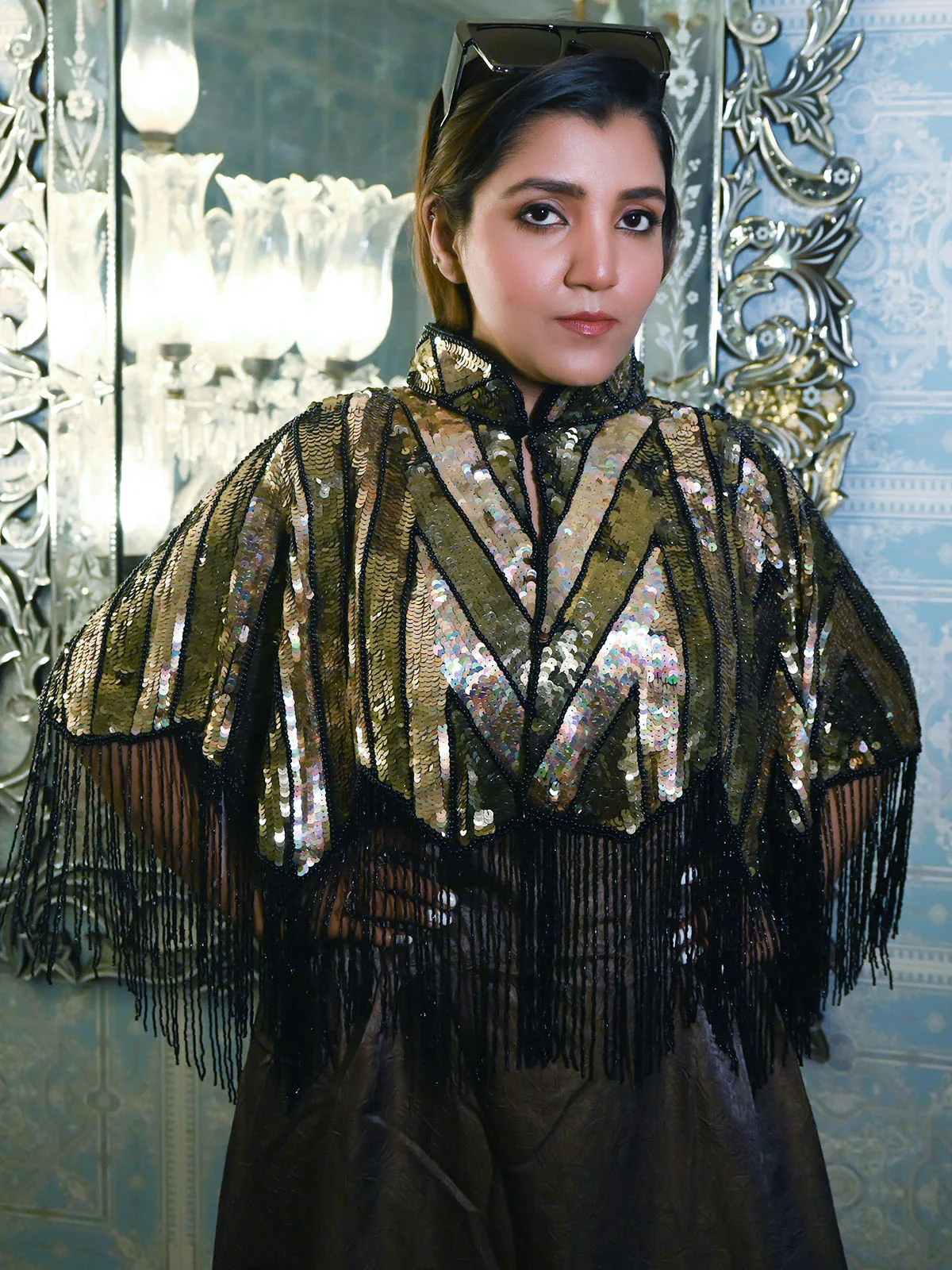 Odette Black And Gold Net Beads Sequins Tasseled Cape For Women - Image 2