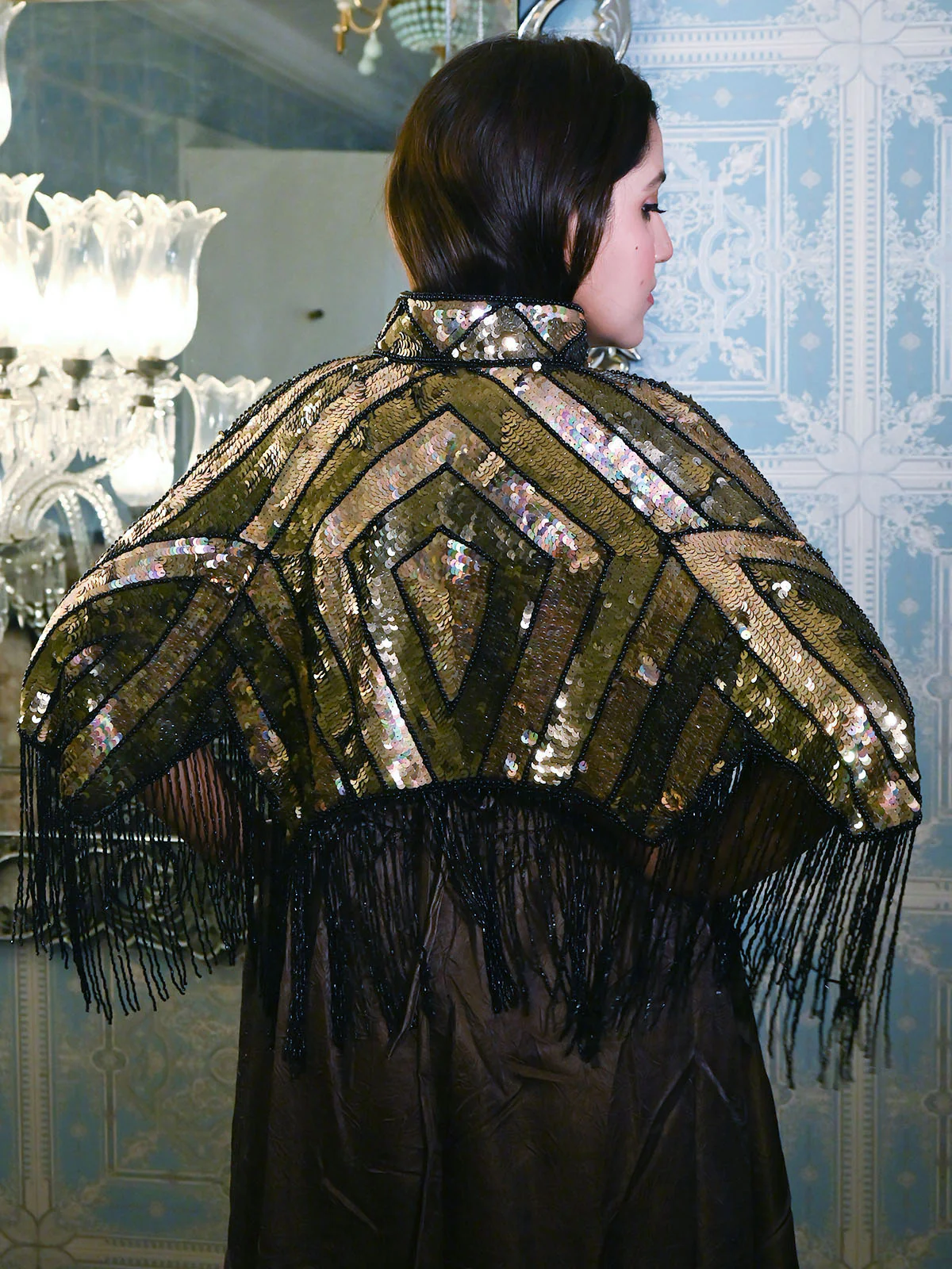 Odette Black And Gold Net Beads Sequins Tasseled Cape For Women - Image 4