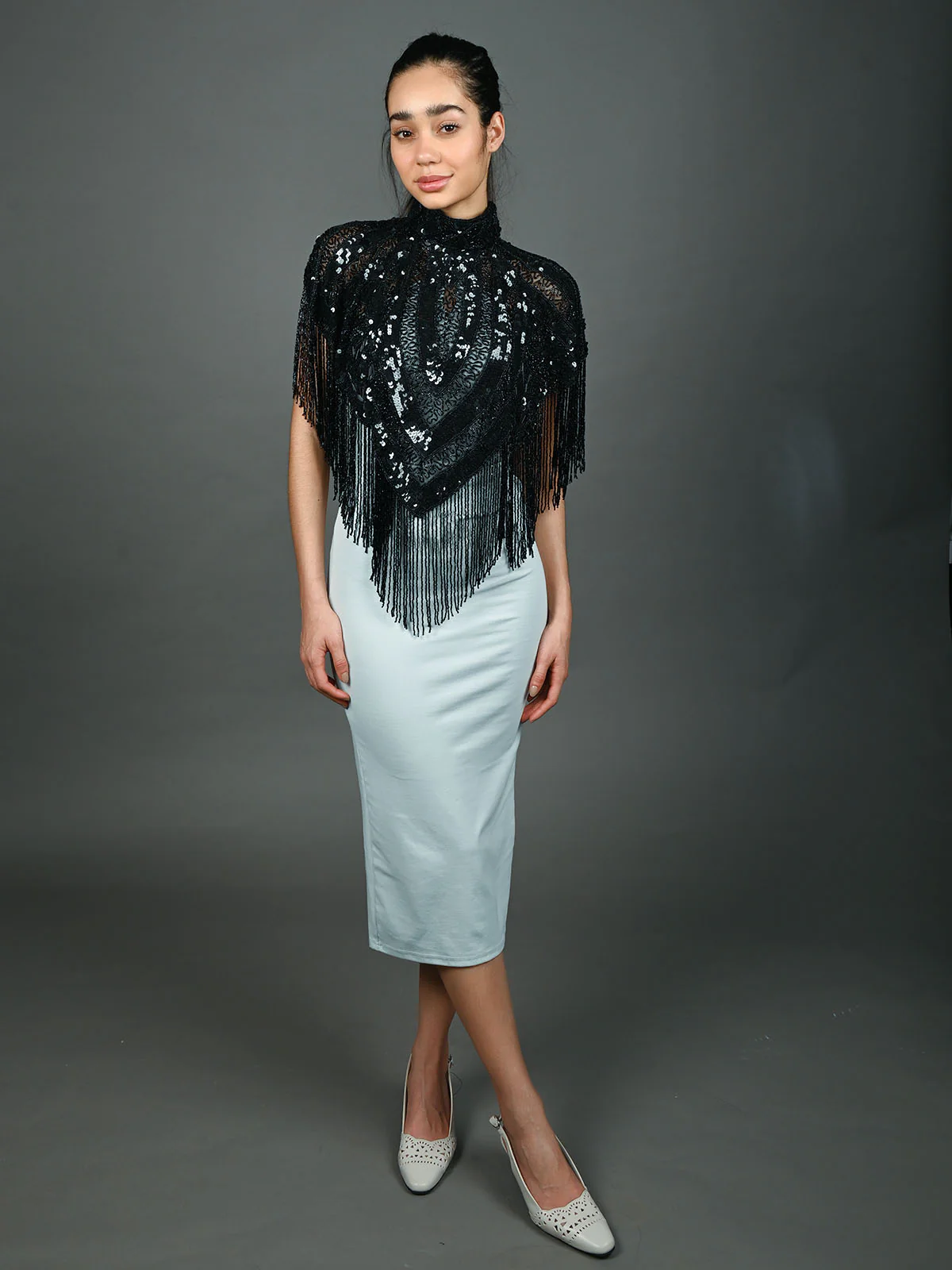 Odette Black Net Embellished Cape For Women