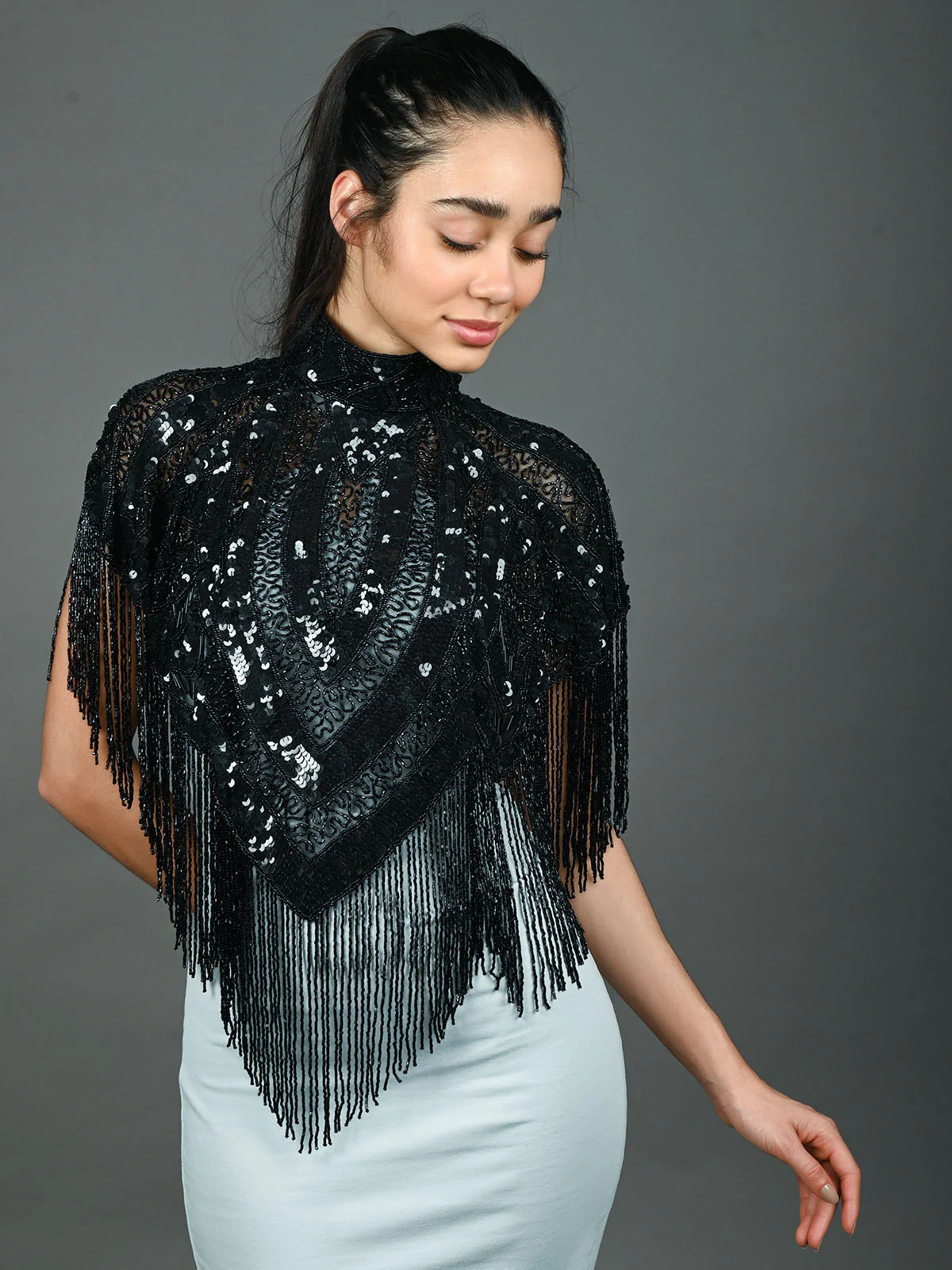 Odette Black Net Embellished Cape For Women - Image 2