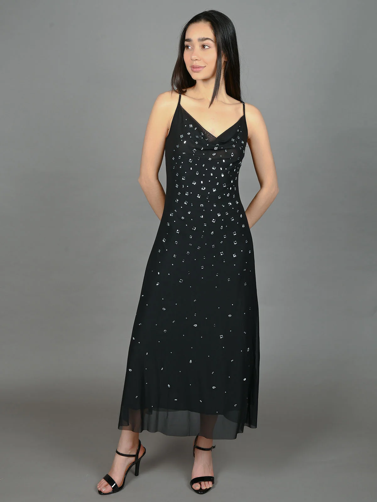 Odette Black Net Embellished Dress For Women