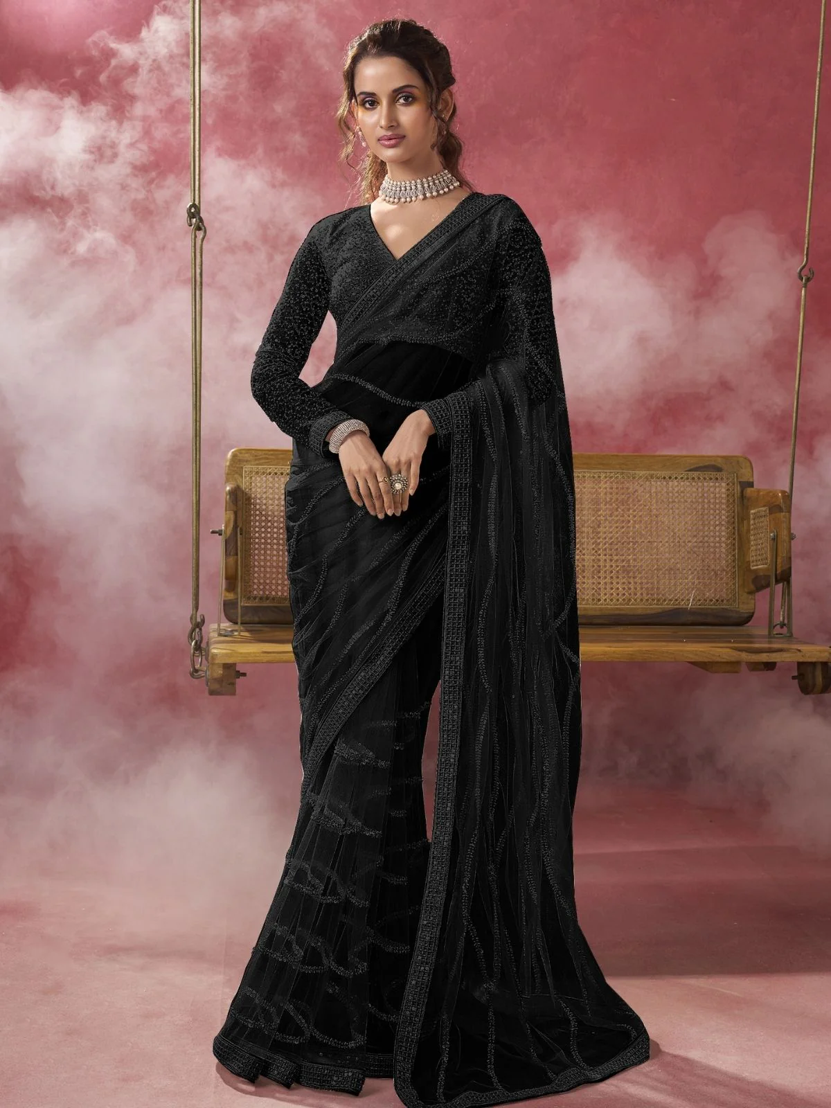 Odette Black Net Embellished Elegant Saree For Women
