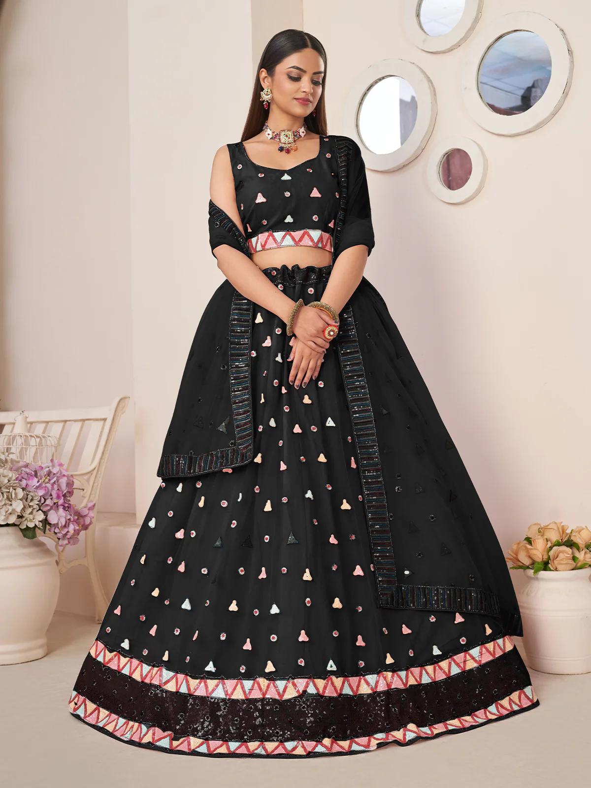 Odette Black Net Embellished Semi Stitched Lehenga With Unstitched Blouse for Women - Image 2