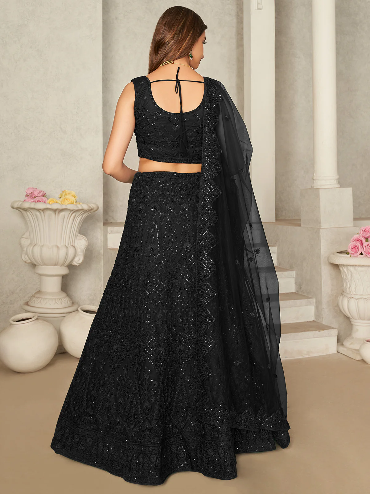 Odette Black Net Embellished Semi Stitched Lehenga With Unstitched Blouse for Women - Image 3