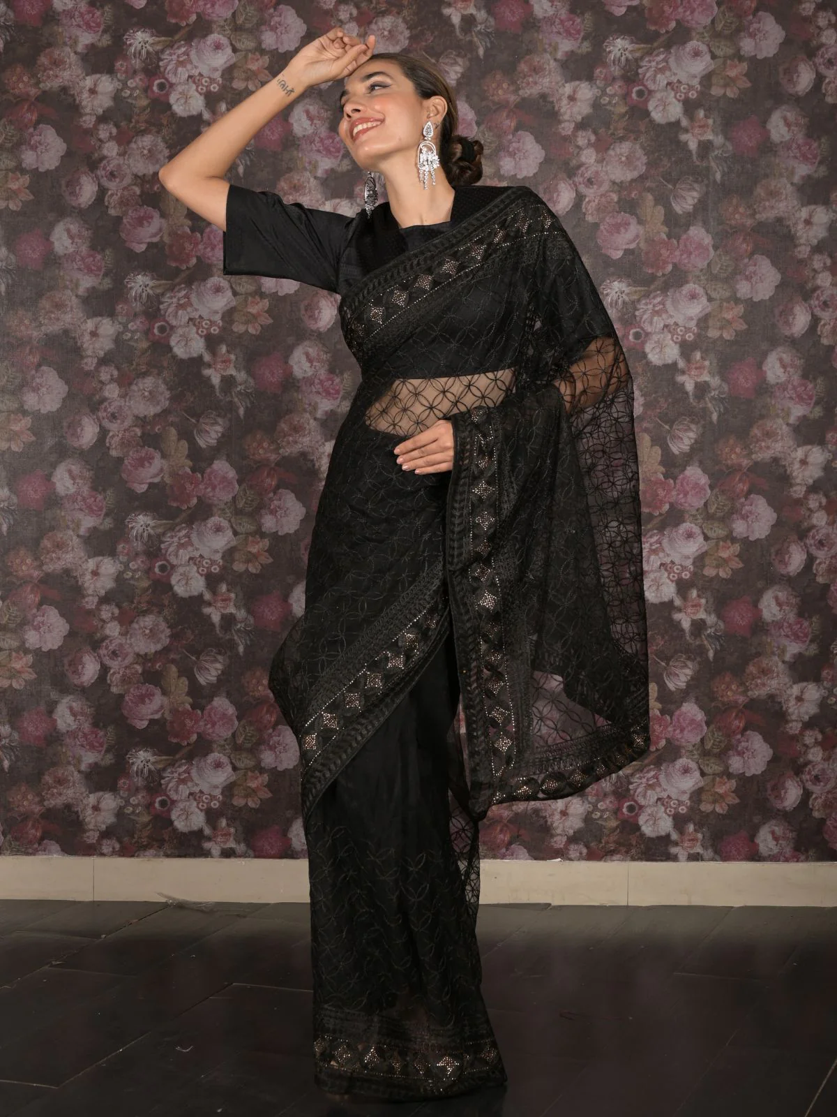 Odette Black Net Embroidered Saree with Unstitched Blouse for Women - Image 2