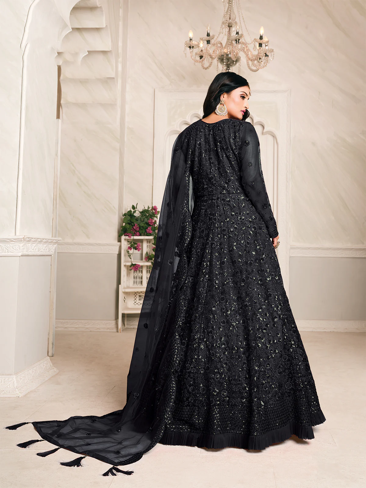 Odette Black Net Embroidered Semi stitched Kurta Set with Inner For Women - Image 2