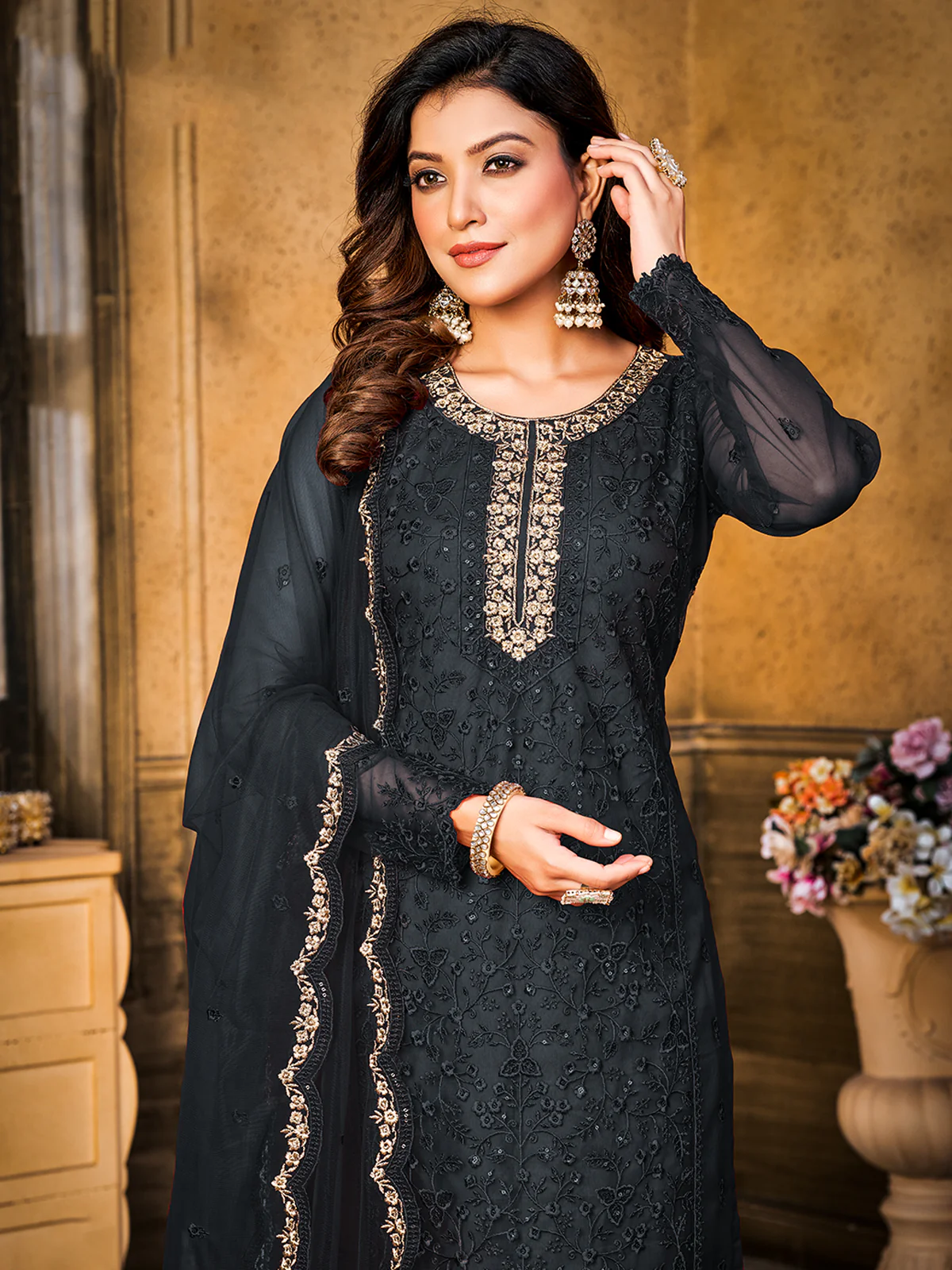 Odette Black Net Embroidered Semi stitched Kurta Set with Inner For Women - Image 3